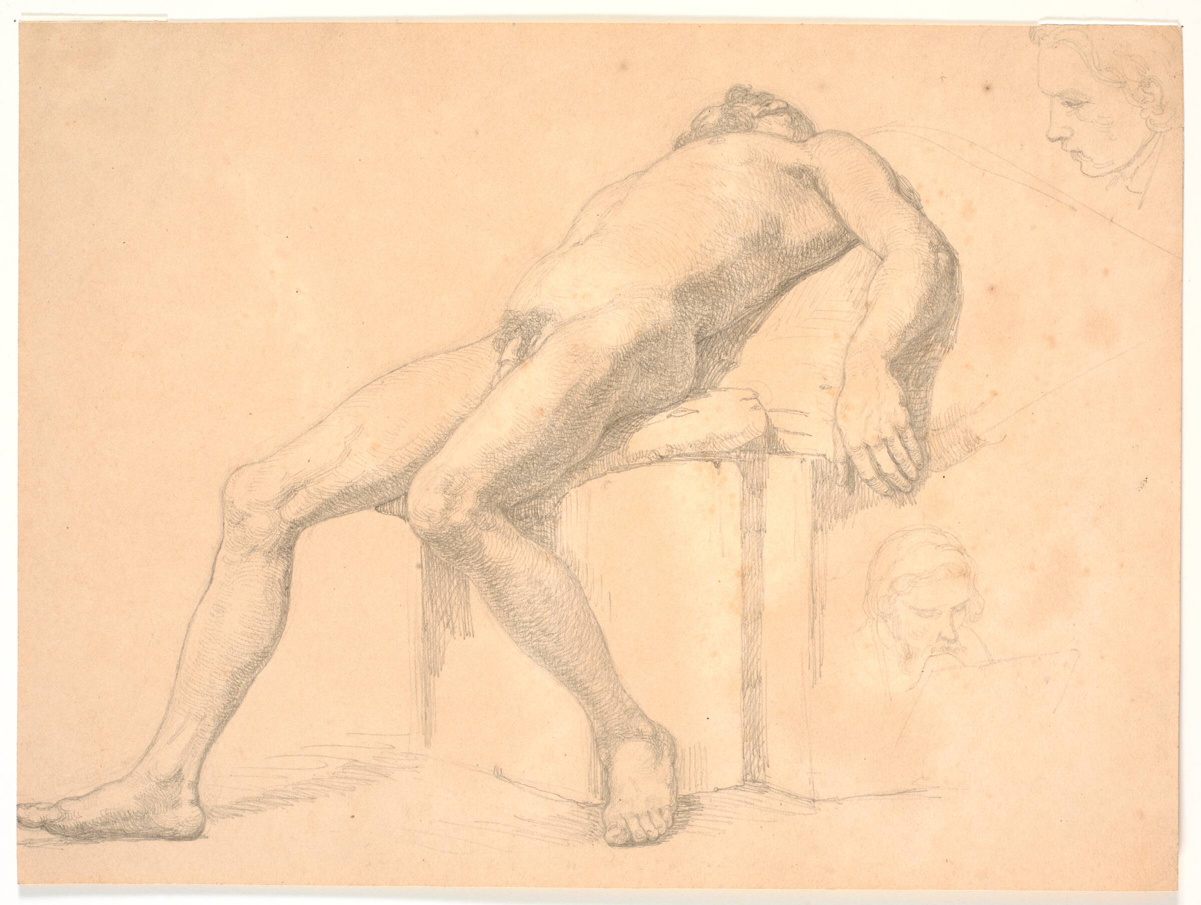 Studie af mandlig, nøgen, tilbagelænet model. T.h. to portræthoveder, den ene muligvis Constantin Hansen, Герман Вильгельм Биссен, 1830-1839