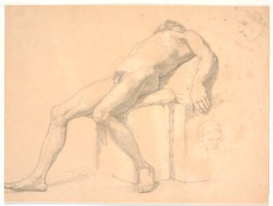 Studie af mandlig, nøgen, tilbagelænet model. T.h. to portræthoveder, den ene muligvis Constantin Hansen