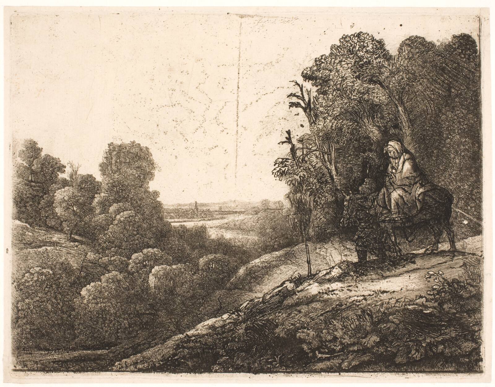 The flight into Egypt: altered from Tobias and the angel by Hercules Seghers, by Rembrandt van Rijn, 1652