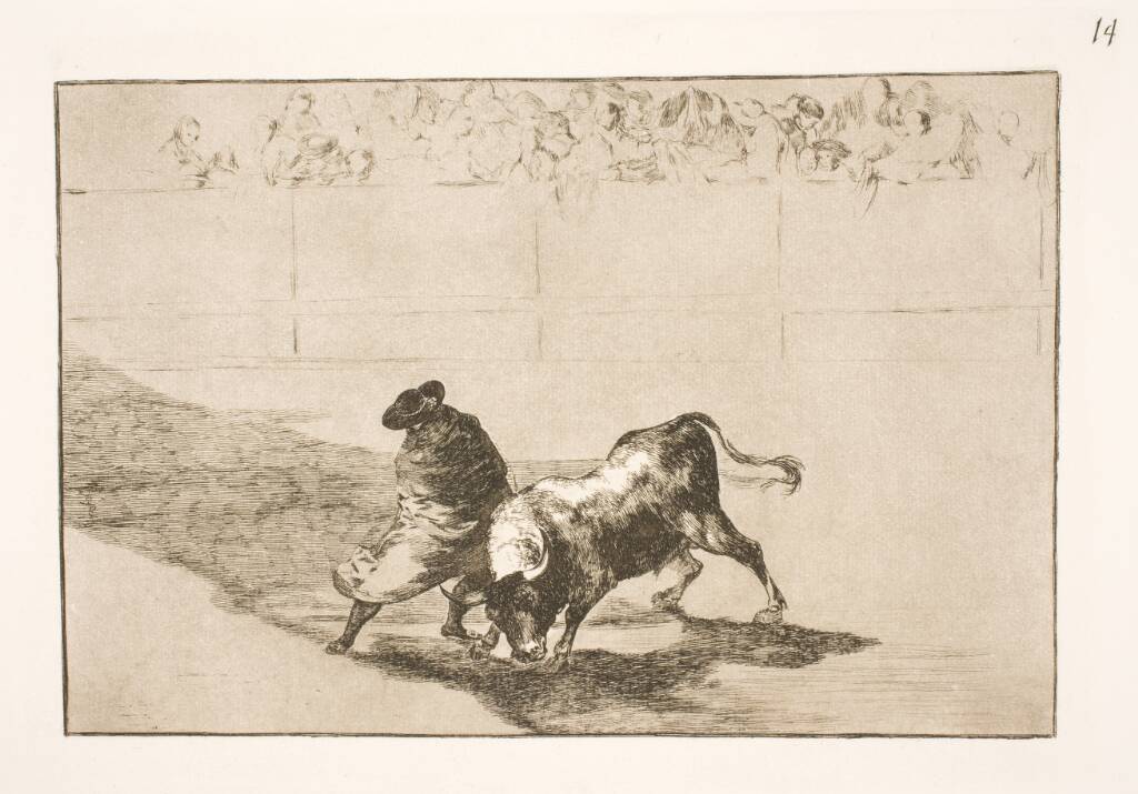 Den meget talentfulde elev fra Falces, hyldet i sin kappe, narrer tyren med sin krops bevægelser, Francisco de Goya, 1815-1816