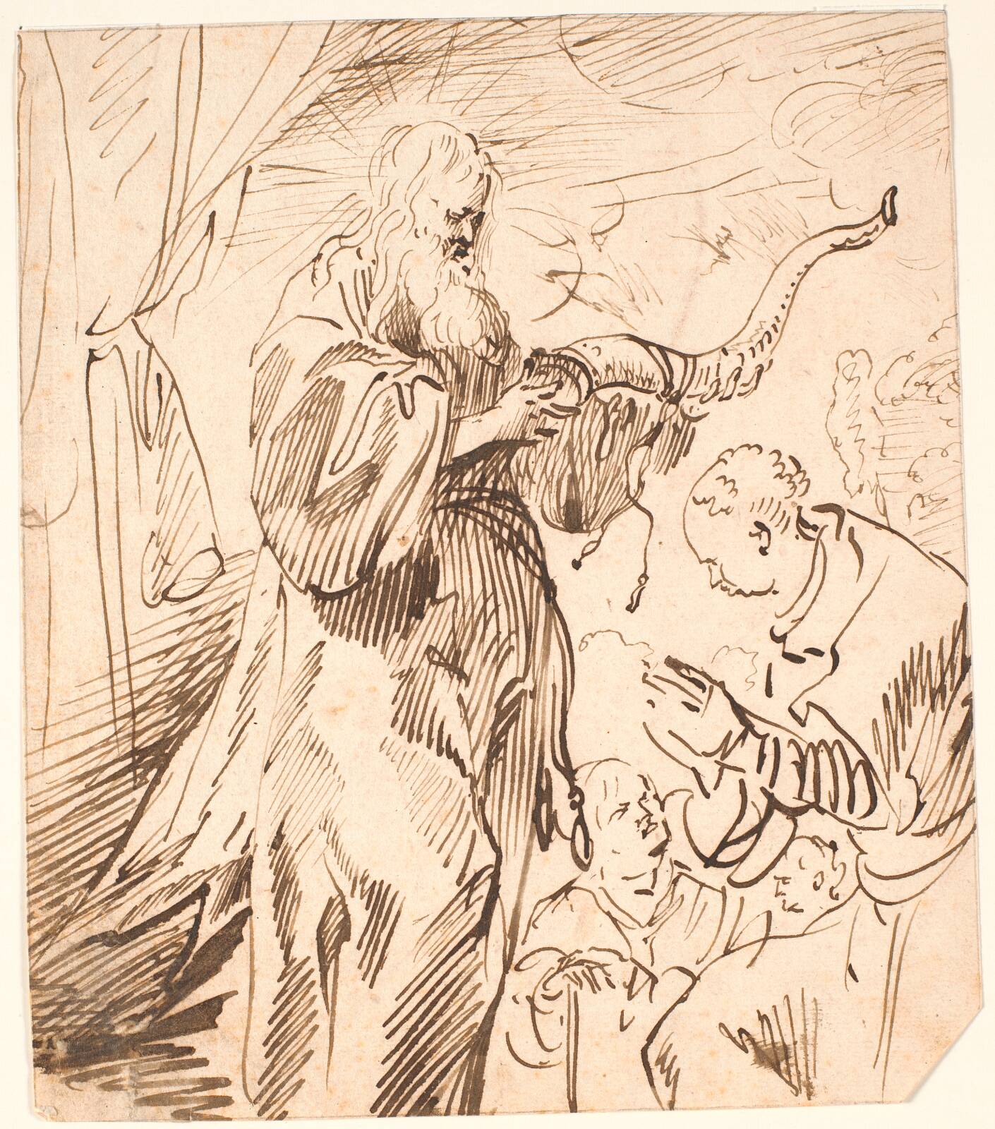 Hellig mand med horn i hånden, omgivet af tre personer, by Jürgen Ovens, 1623-1678