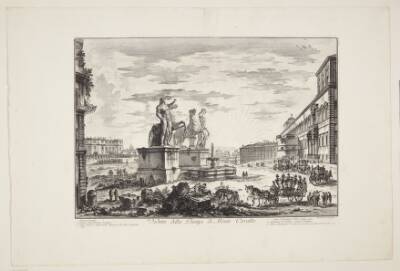 Udsigt over Piazza del Quirinale (Piazza di Monte Cavallo), med Quirinal-paladset t.h. og statuerne af Castor og Pollux i centrum