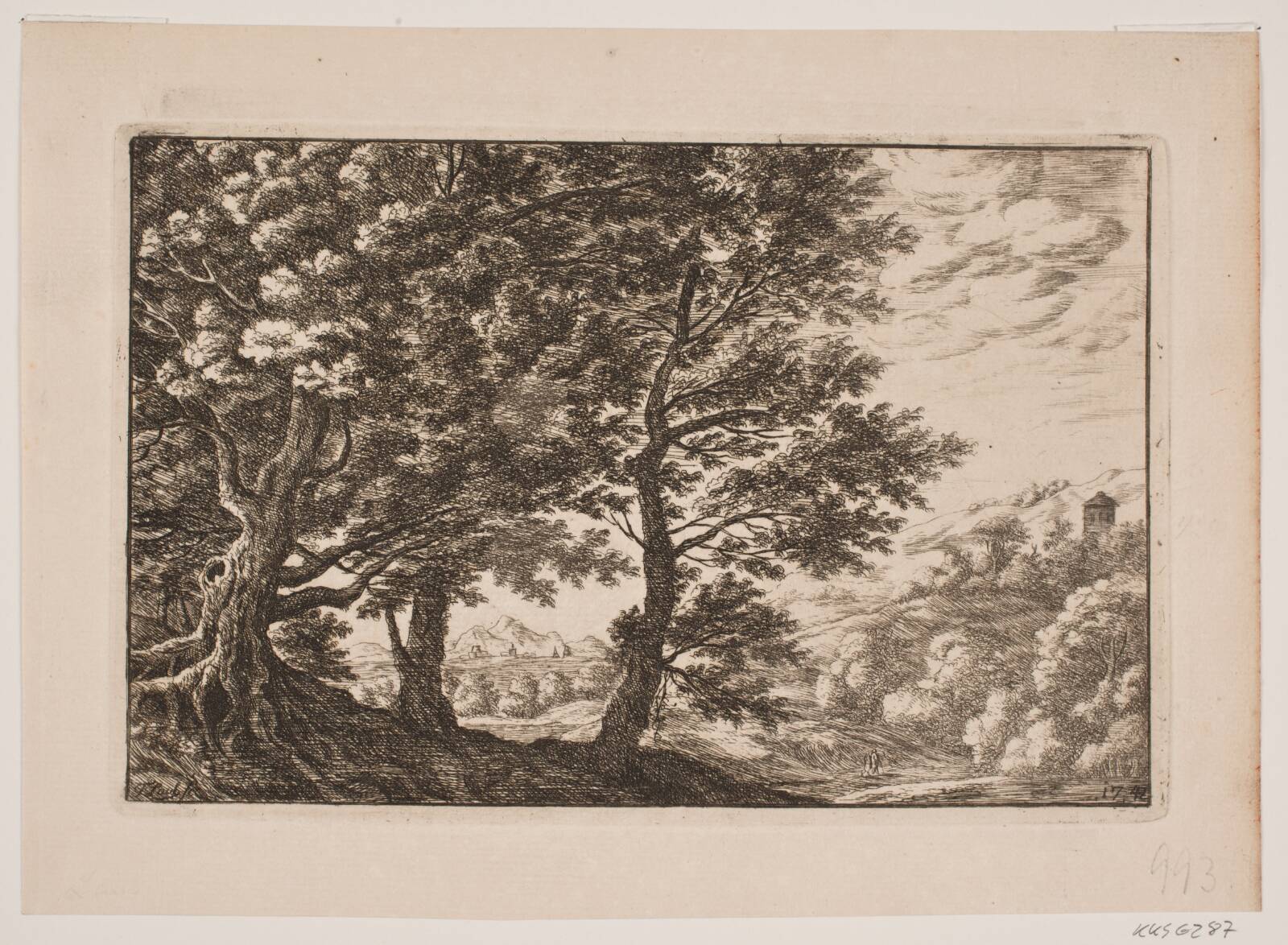 Bjergrigt landskab med store træer, Frederik Laub, 1742