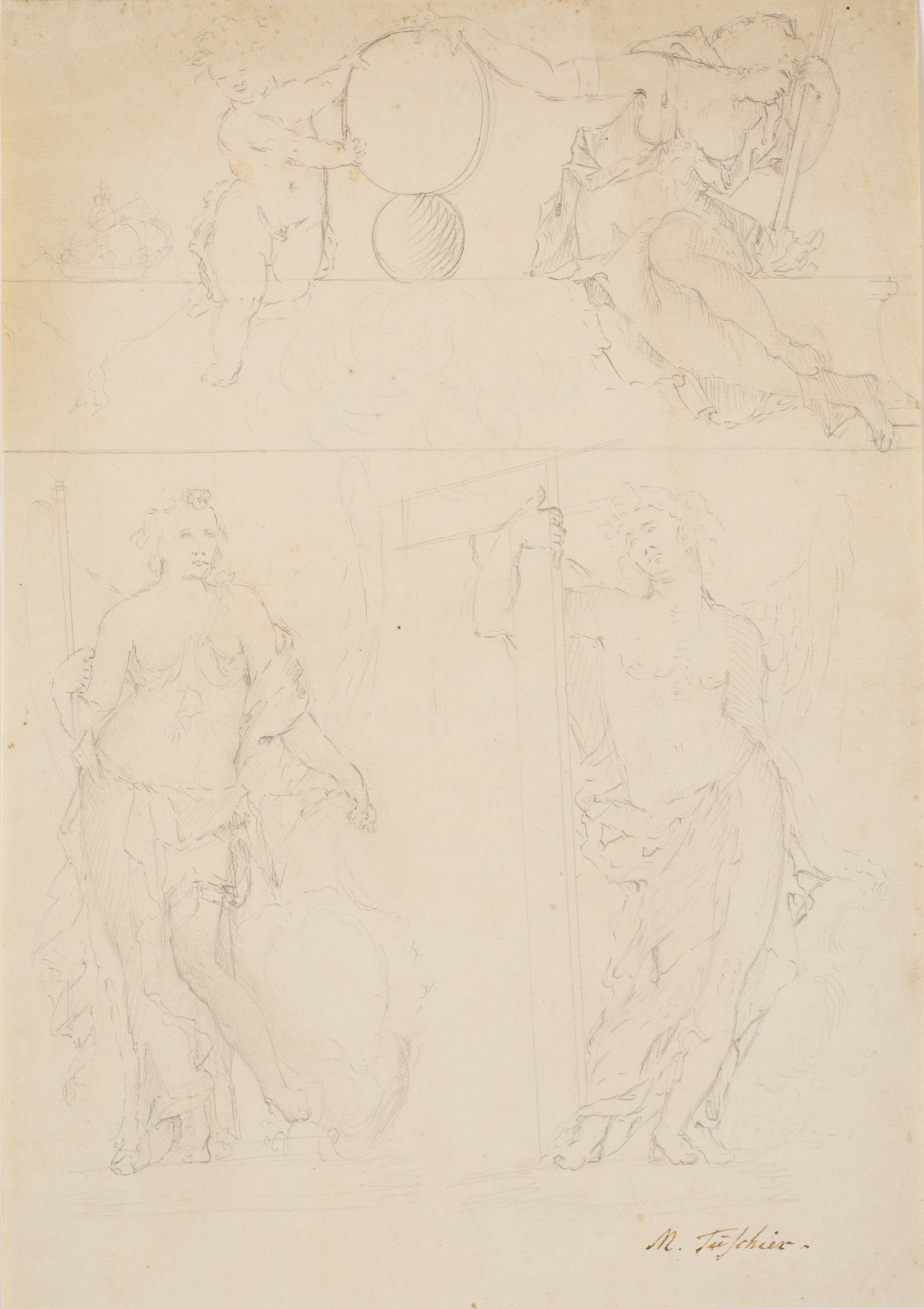 Dekorationsudkast med fire figurer, Marcus Tuscher, 1720-1751