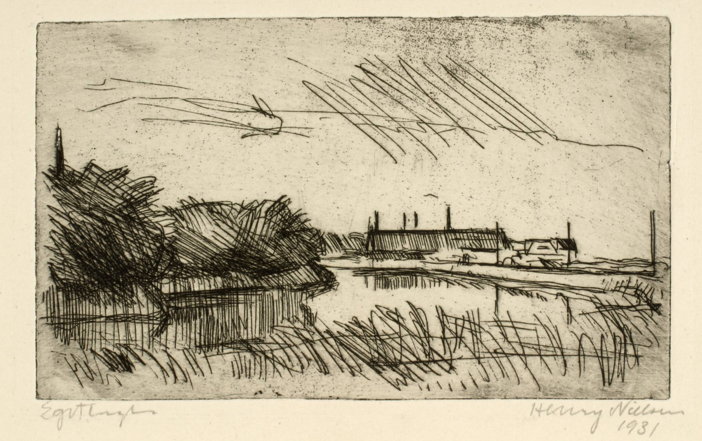 Landskab med vandløb og huse, Henry Nielsen, 1931