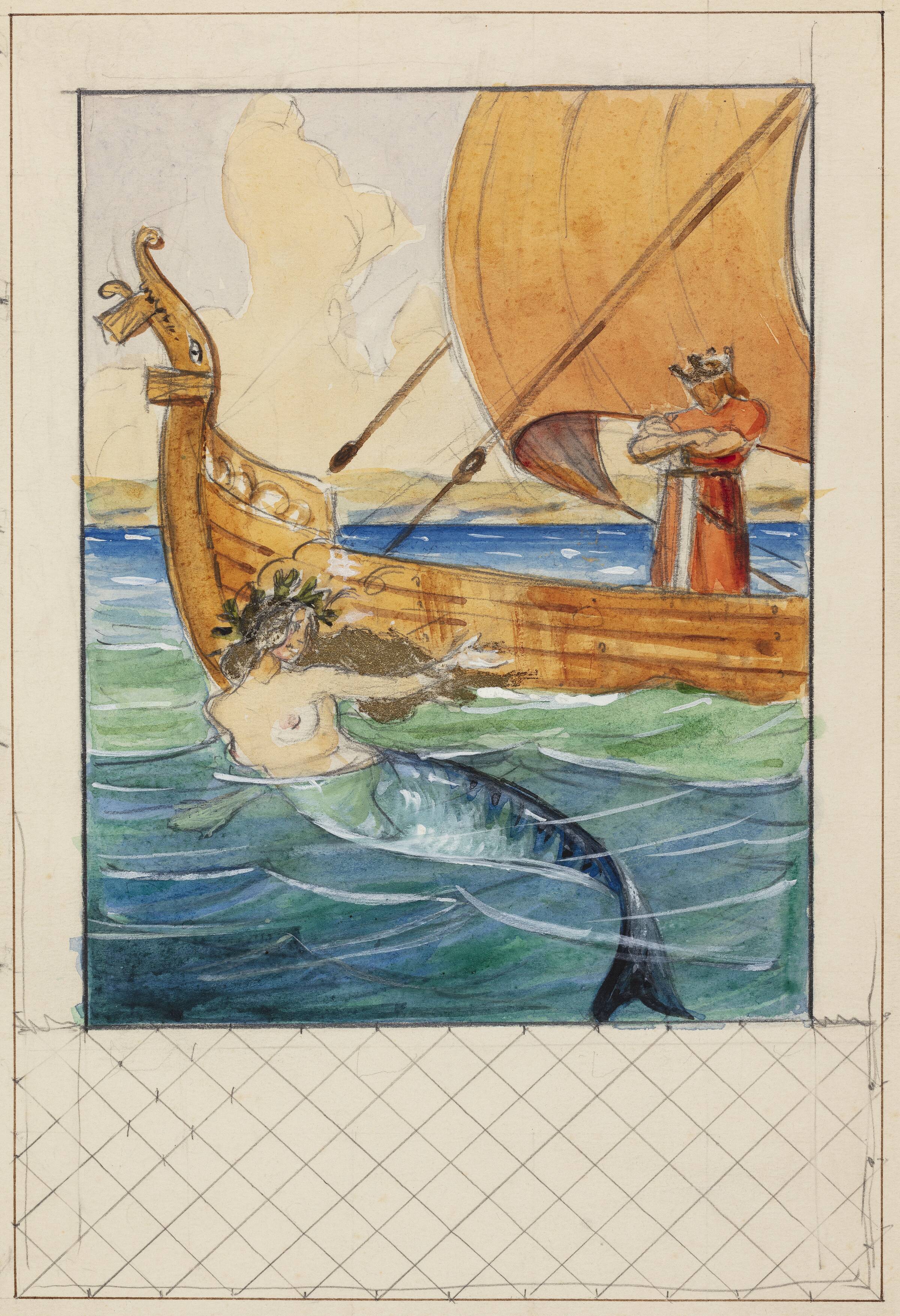 Illustration til Oehlenschläger med havfrue og en konge på et skib indpasset i rammeudkast, Agnes Slott-Møller, 1862-1937