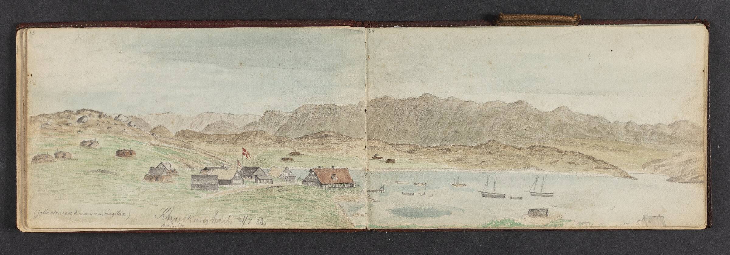 Fjeldlandskab med huse, Khristianshaab, Lars Møller, 1883