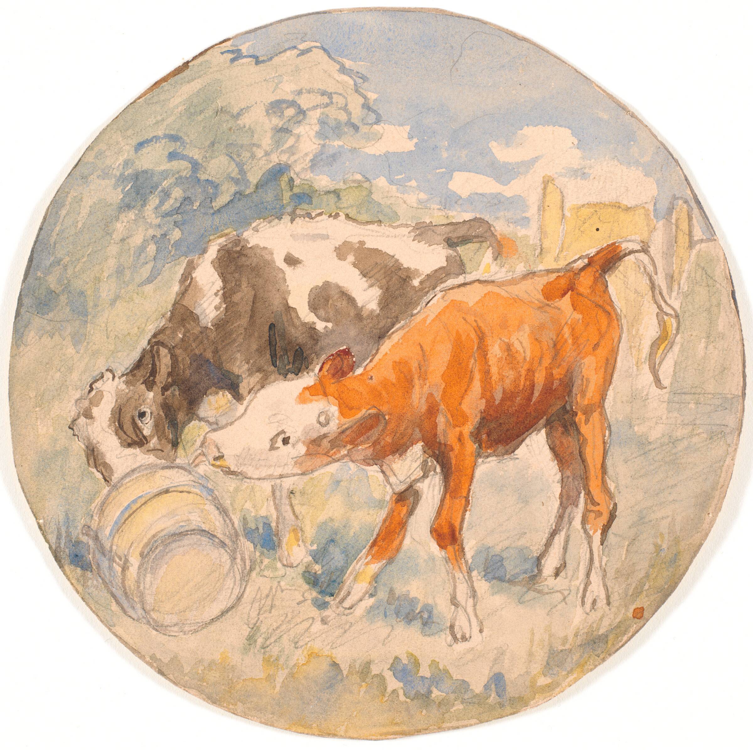To kalve i det fri, slikkende en væltet mælkebøtte (udkast til keramisk fad), Theodor Philipsen, 1890