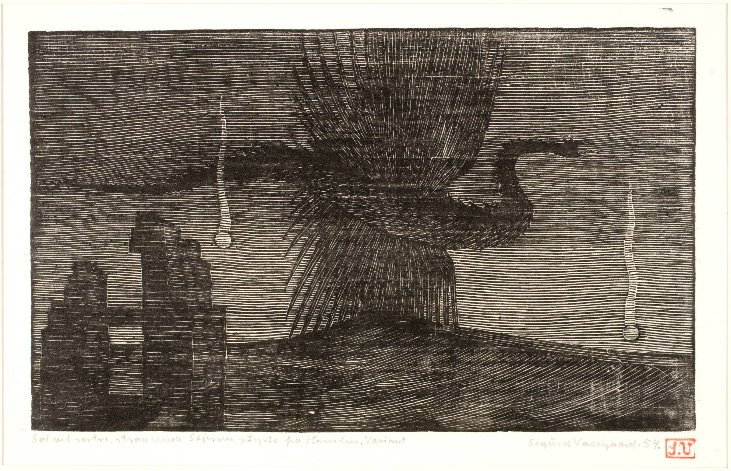 "Sol vil sortne, straalende Stjerner styrte fra Himlen." Ikke anvendt illustration (variant tryk) til "Vølvens Spaadom", Sigurd Vasegaard, 1954
