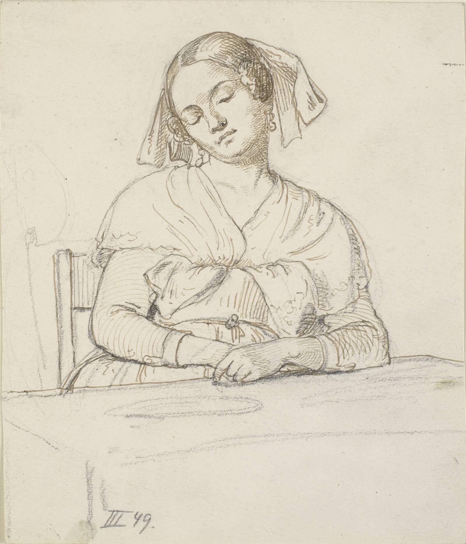Sovende kvinde, siddende ved et bord, Wilhelm Marstrand, 1810-1873