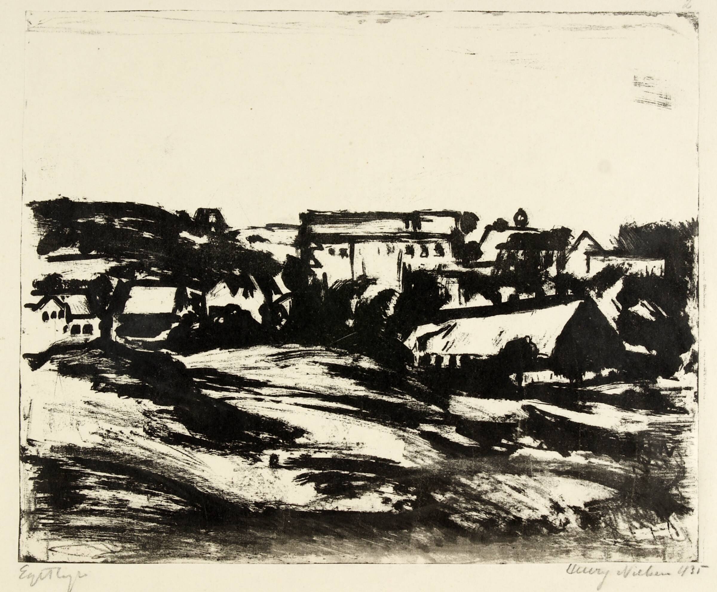 Bakket landskab med huse, Henry Nielsen, 1935