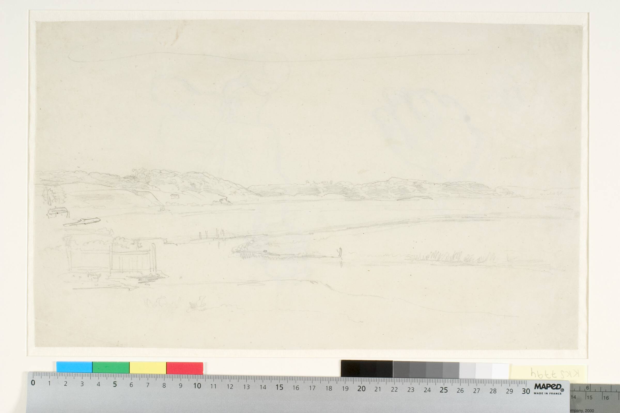 Udsigt mod skovklædte bakkedrag, i forgrunden en å, der løber gennem en eng. Jylland?, Dankvart Dreyer, 1831-1852