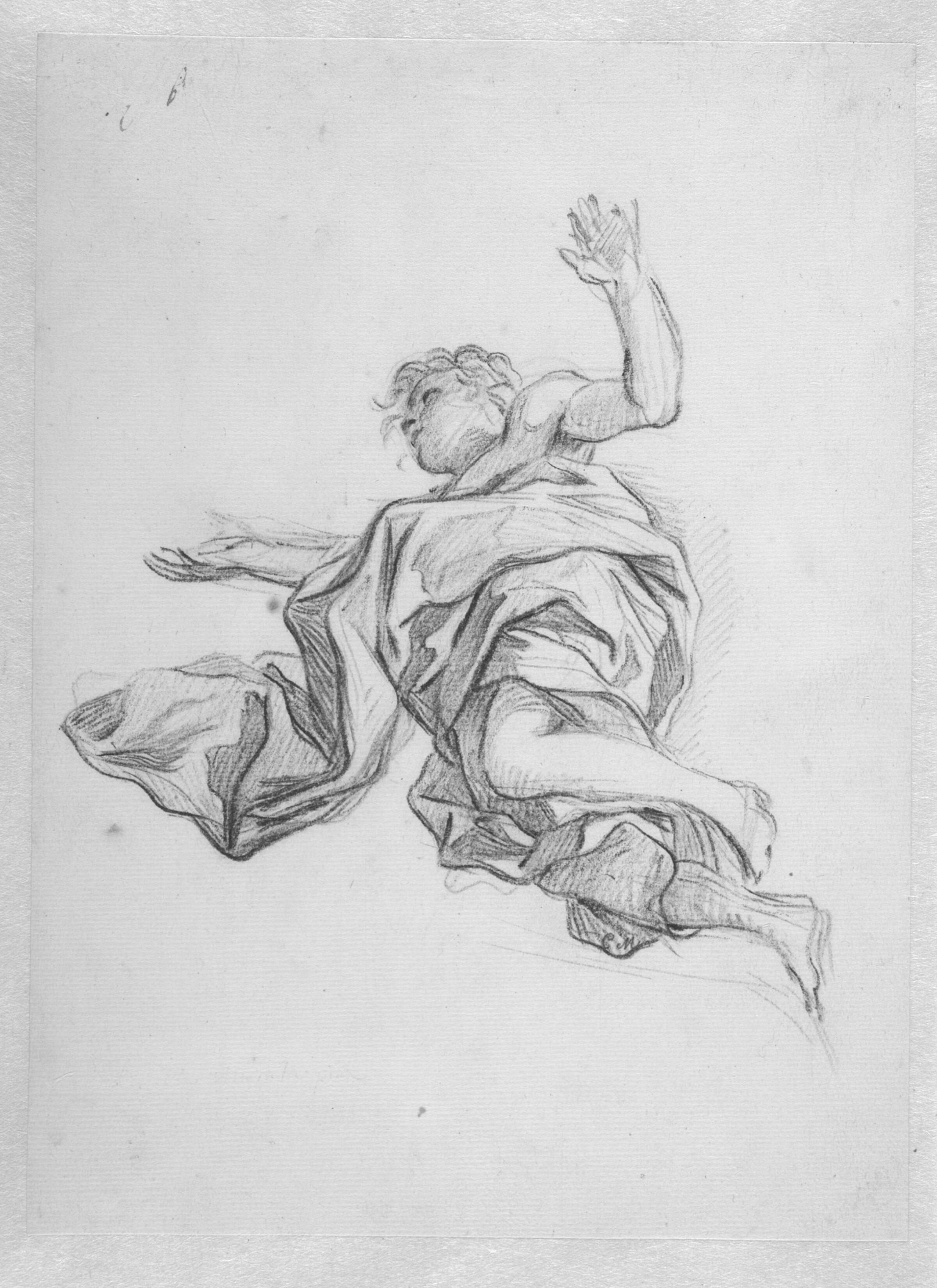 Flyvende figur med en flagrende kappe set nedenfra, Francesco la Marra, 1710-1780