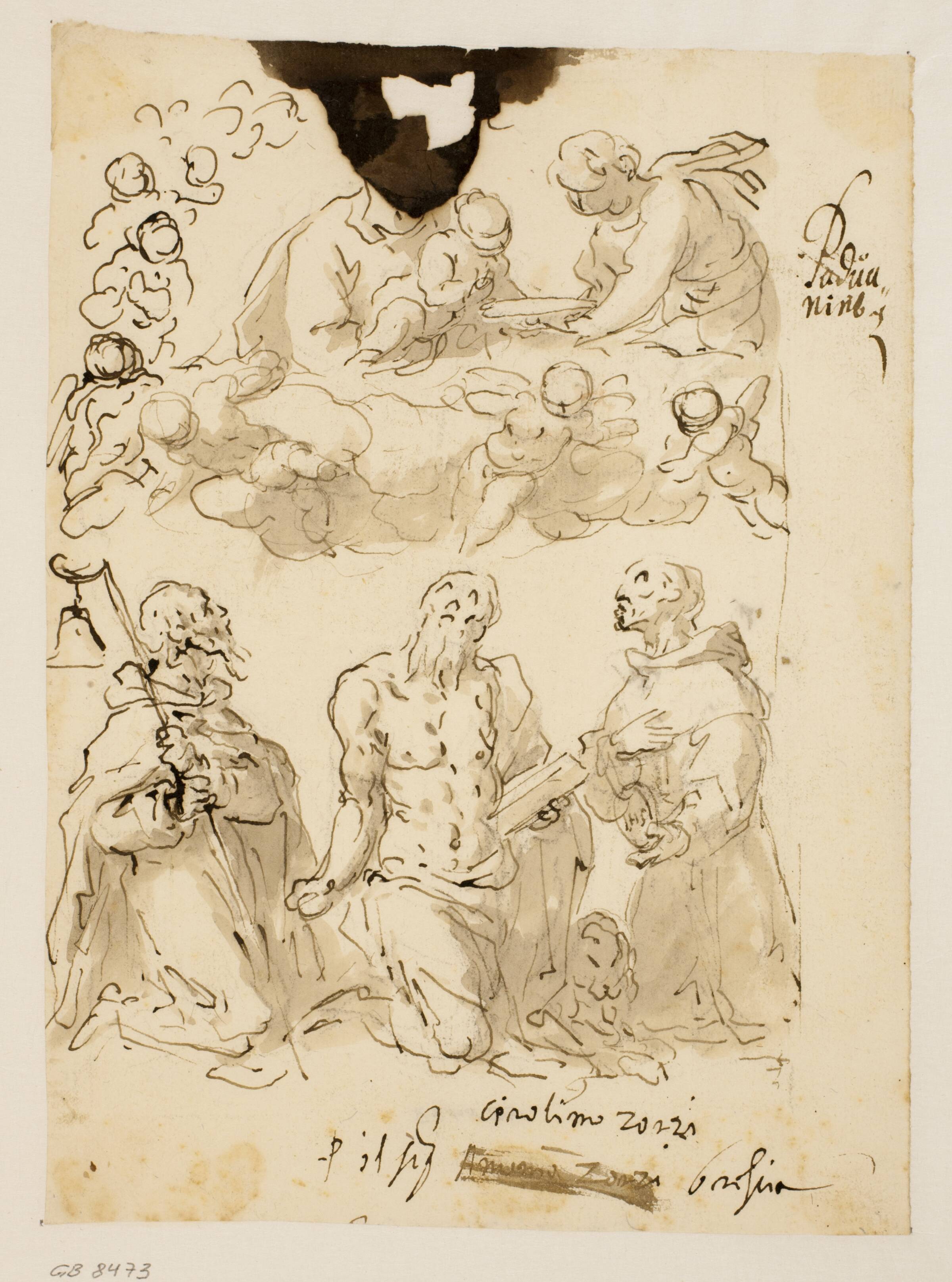 Helgerne Antonius, Hieronymus og Bernardin med Jomfru Maria og Jesusbarnet omgivet af englebørn, Jacopo Palma, 1548-1628