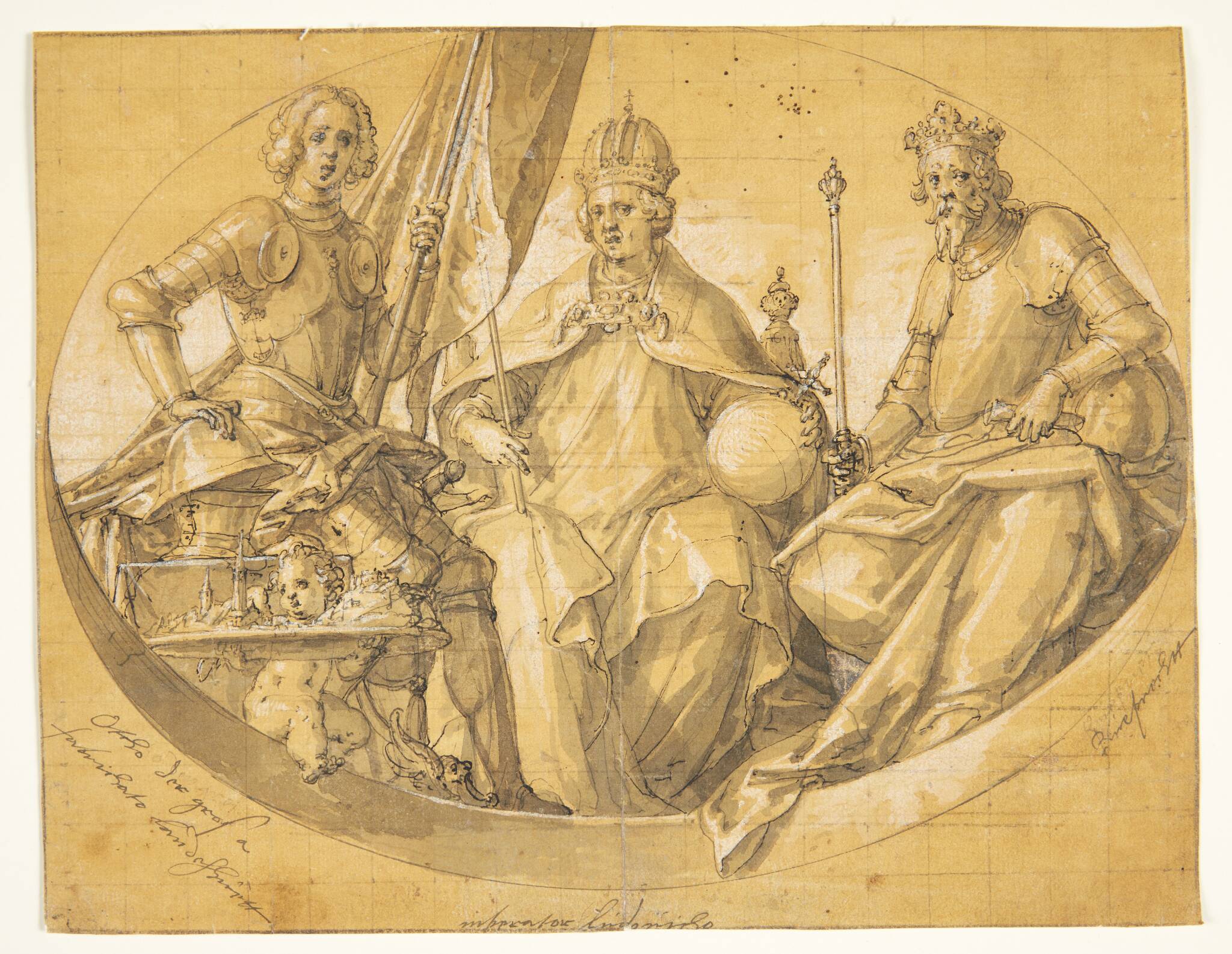 Udkast til et ovalt loftsmaleri(?) forestillende kongerne Otto den Store (912-973), Ludvig den Rige (1417-1479) og Ruprecht (1352-1410)