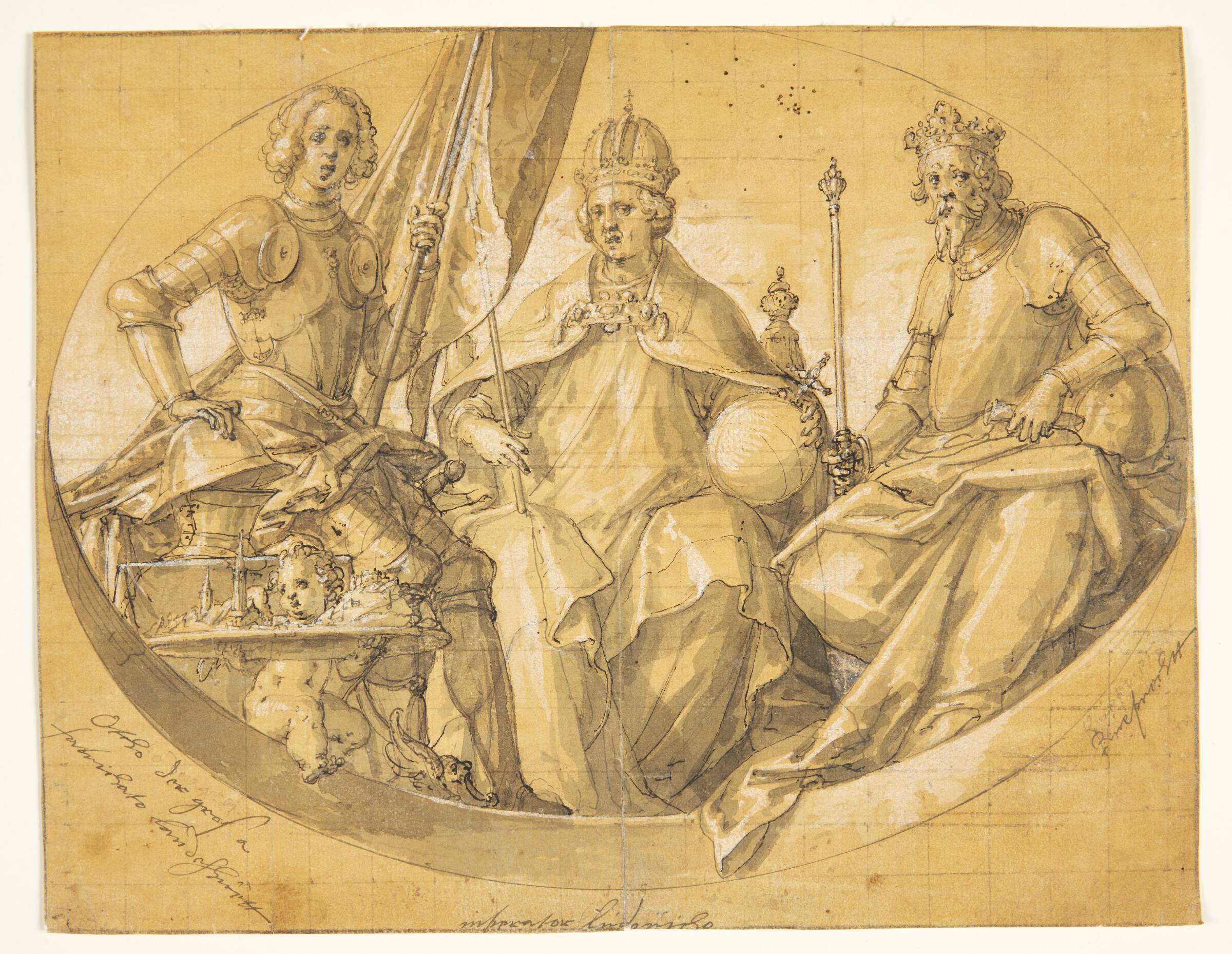 Udkast til et ovalt loftsmaleri(?) forestillende kongerne Otto den Store (912-973), Ludvig den Rige (1417-1479) og Ruprecht (1352-1410), Friedrich Sustris, 1540-1599