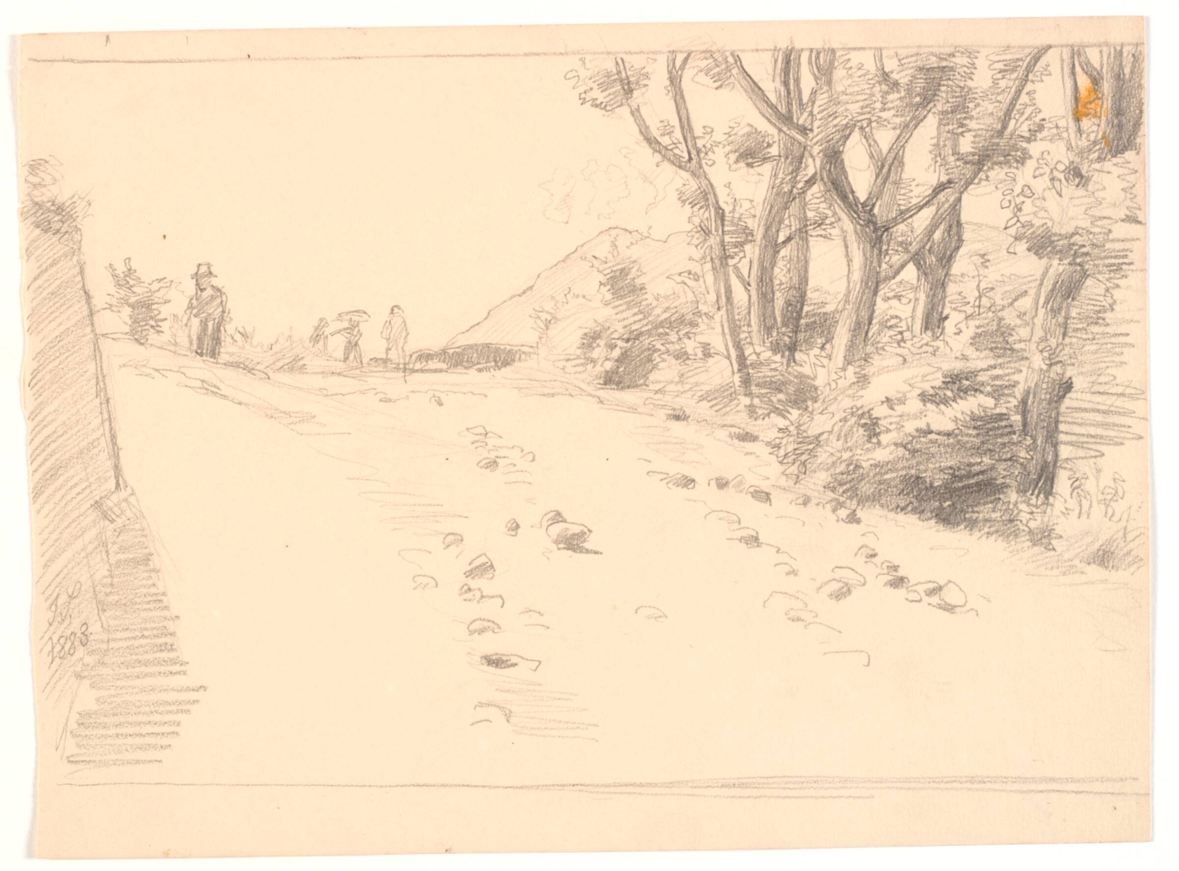 Italiensk landskab med en vej, t.h. træer, Joakim Skovgaard, 1883