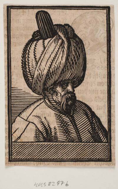 Brystbillede af skægget mand med turban, 3/4 profil t.h.