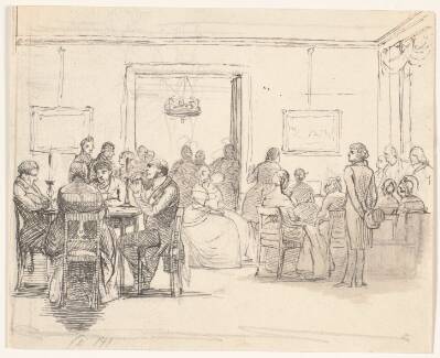 Københavnsk selskabsscene, t.v. kortspillere, t.h. musiceres der