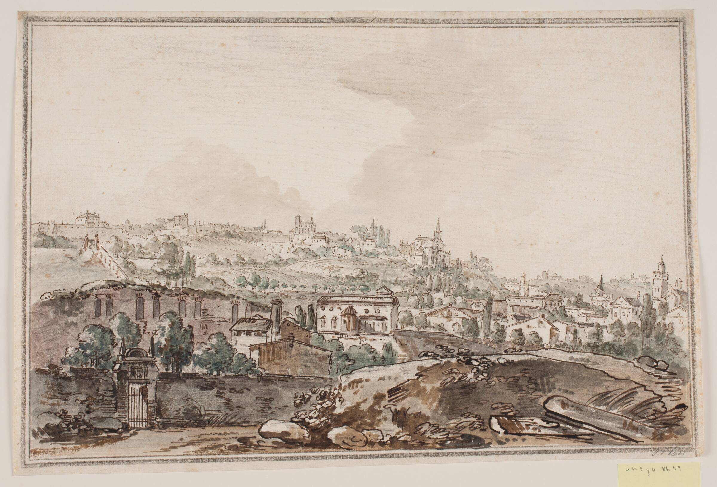 Byprospekt med huse og mur ved flod; i bagrunden kirker og paladser, Jens Petersen Lund, 1730-1793