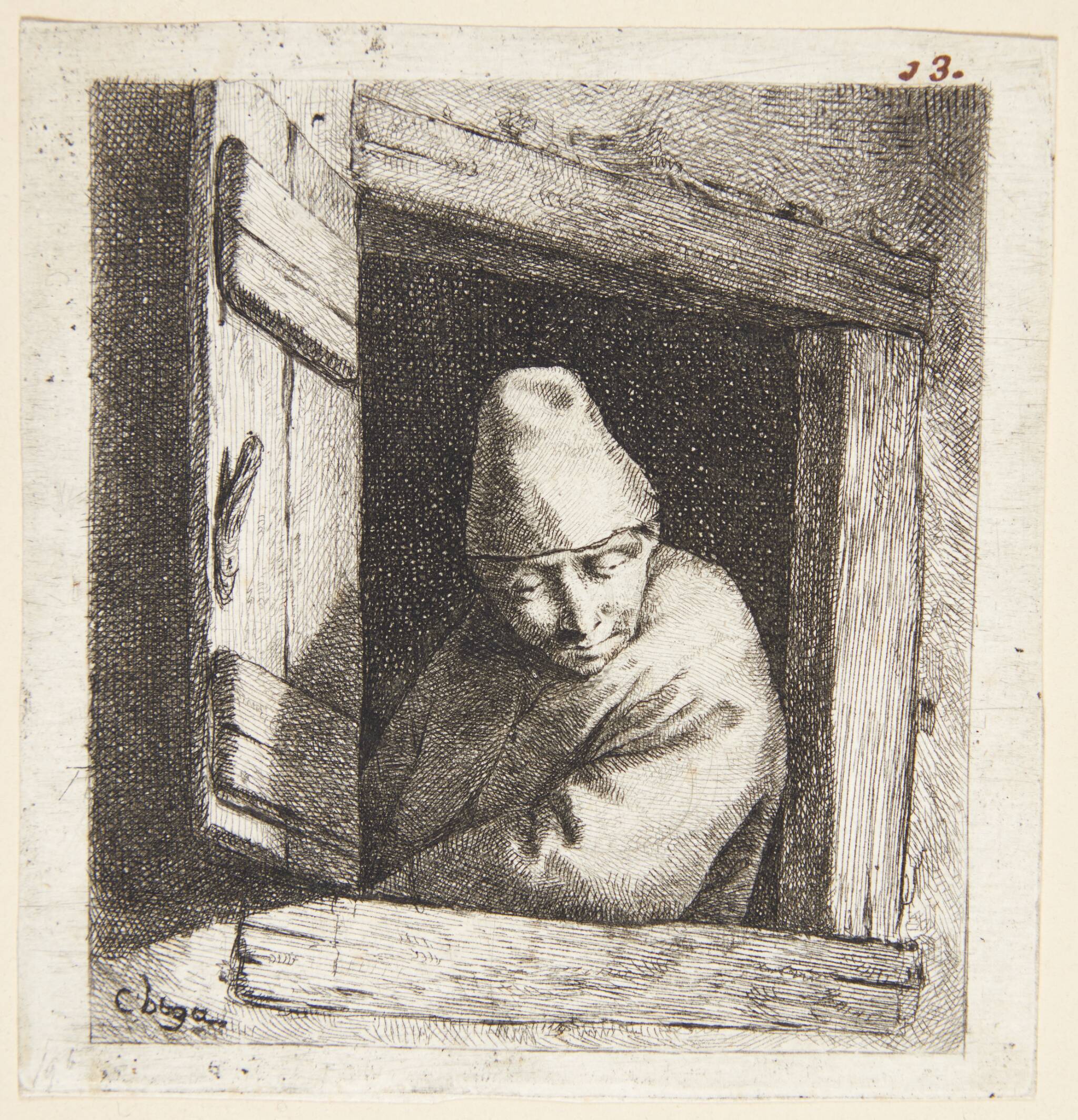 Bonde, der ser ud af et vindue