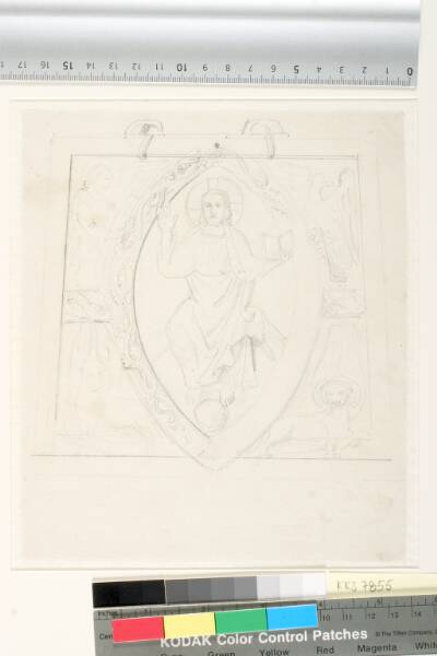 Kristus i mandorla omgivet af evangelisttegnene, efter en plaqeutte i Nationalmuseet