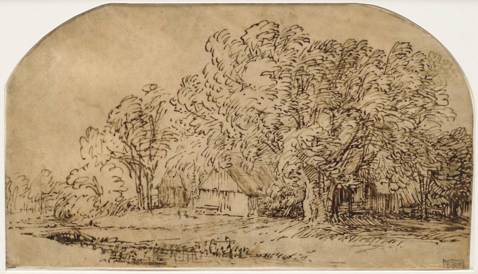 Landscape with Cottages under Tall Trees ("The Puff of Wind"), by Rembrandt van Rijn, 1650-1652