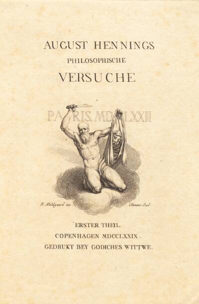 Titelblad med vignet forestillende en knælende mand, der symboliserer Bartholomæusnatten