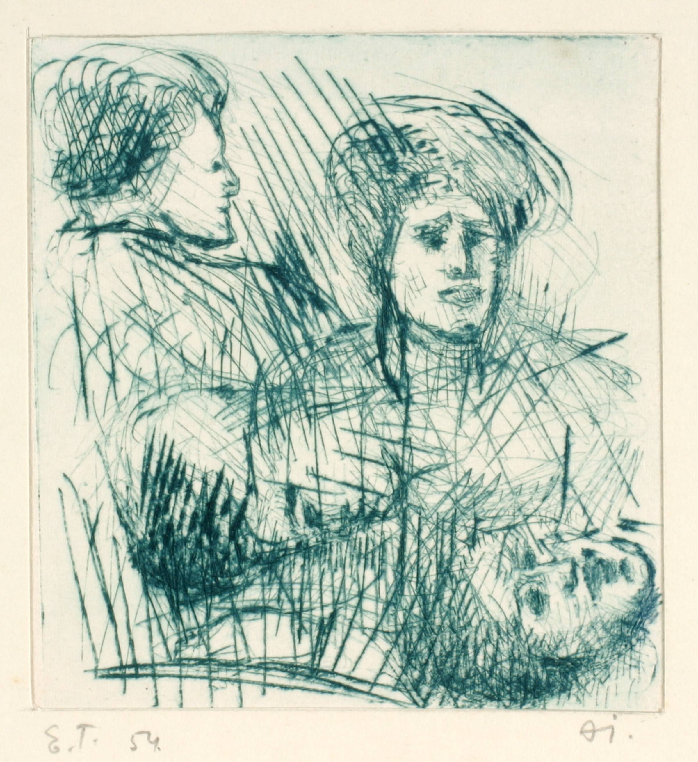 Fire studier af hoveder efter Piero della Francescas fresker i Arezzo, Arne Johannessen, 1954