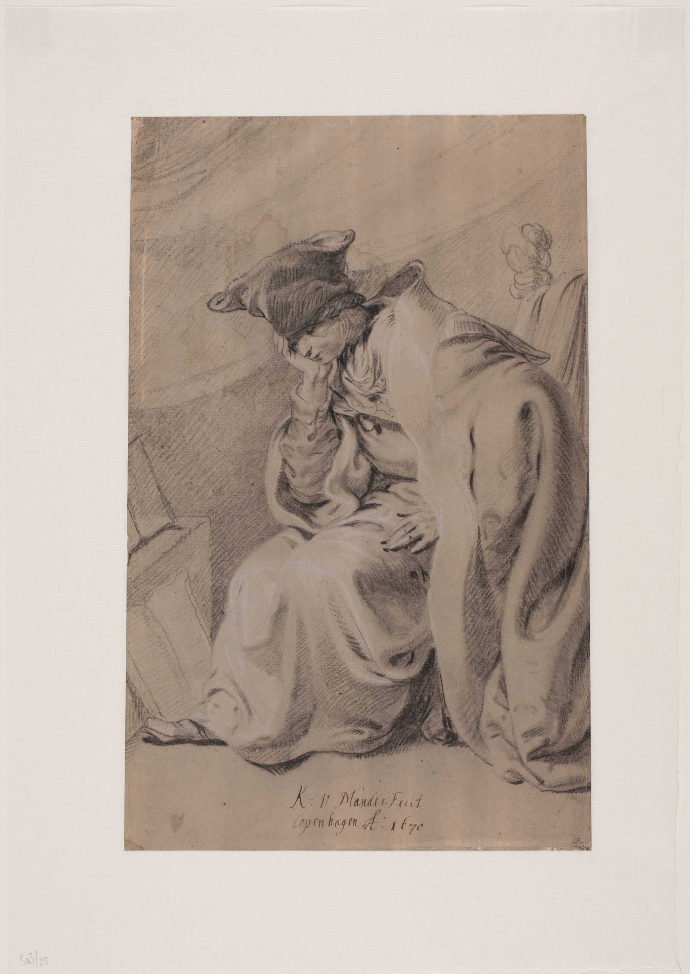 Tankefuldt siddende ung mand med hånden under kind. Kappe og pelshue, Mander III, Karel van, 1668-1671