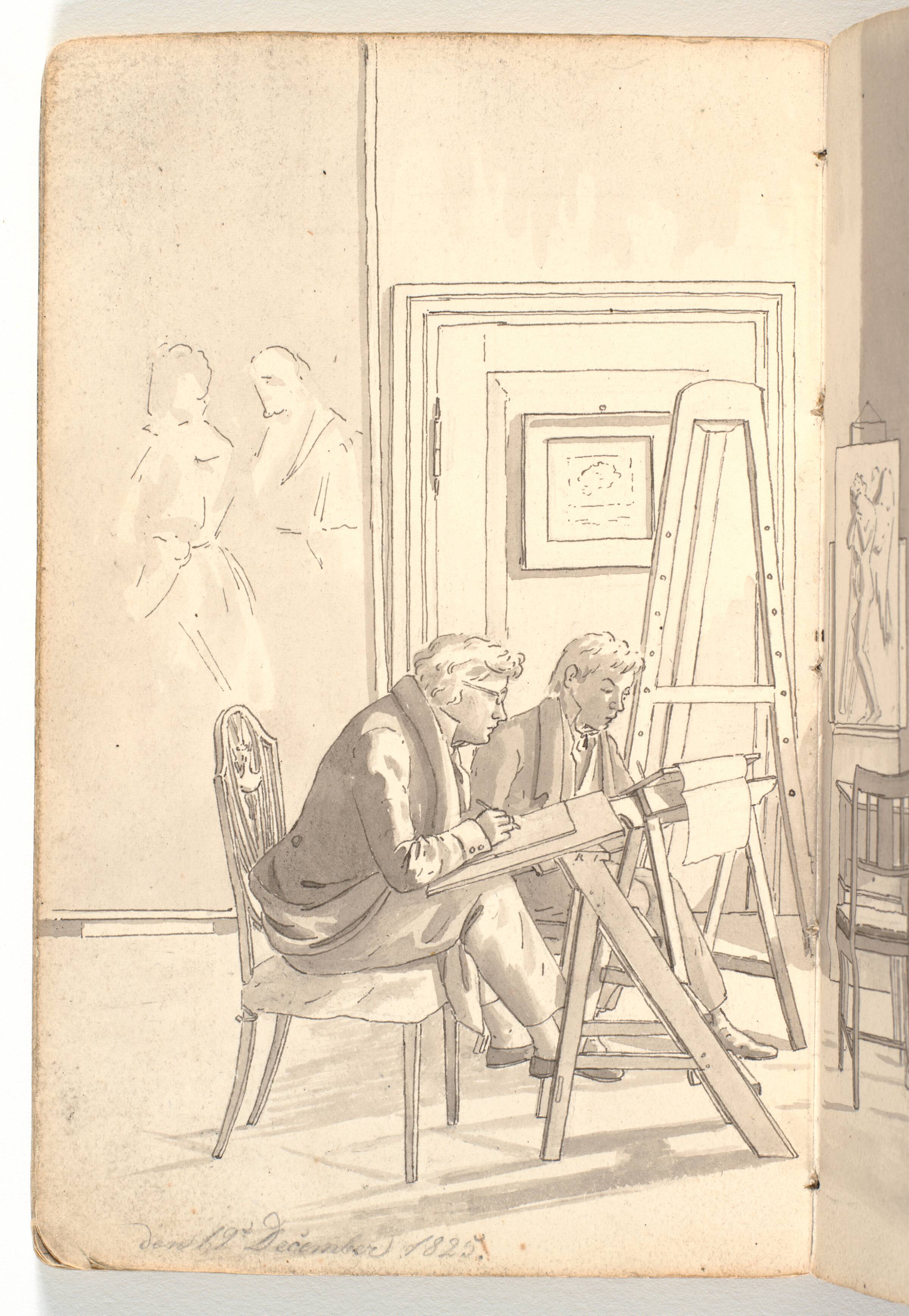 Interiør fra akademiet med tegnende unge kunstnere, Martinus Rørbye, 1825-1826