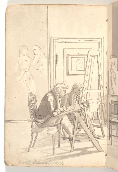 Interiør fra akademiet med tegnende unge kunstnere