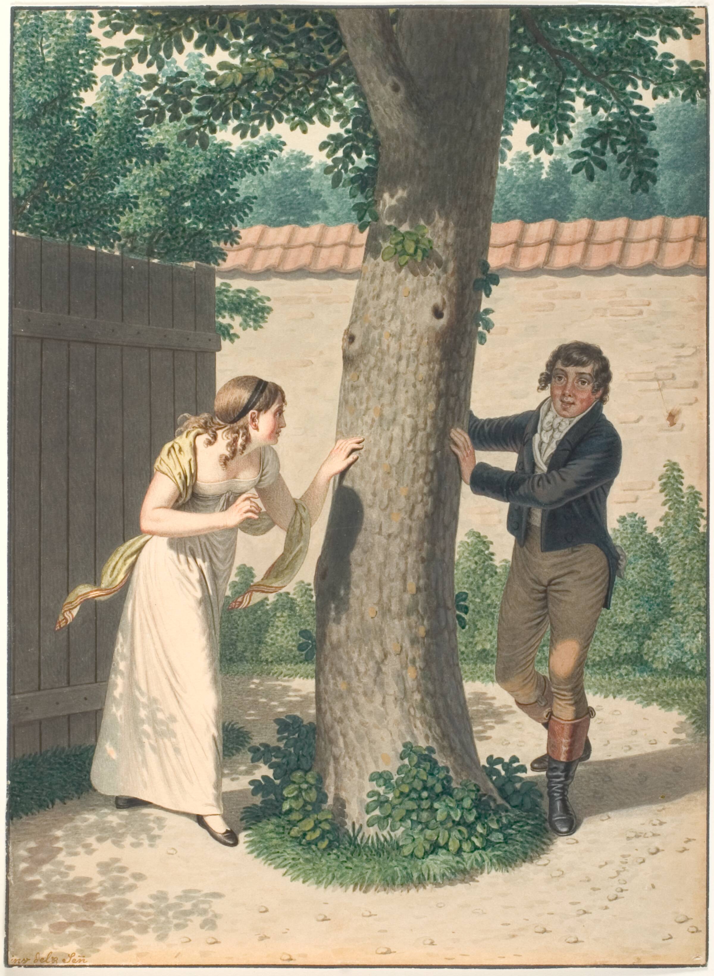 Ung mand og pige leger skjul, Johannes Senn, 1780-1861