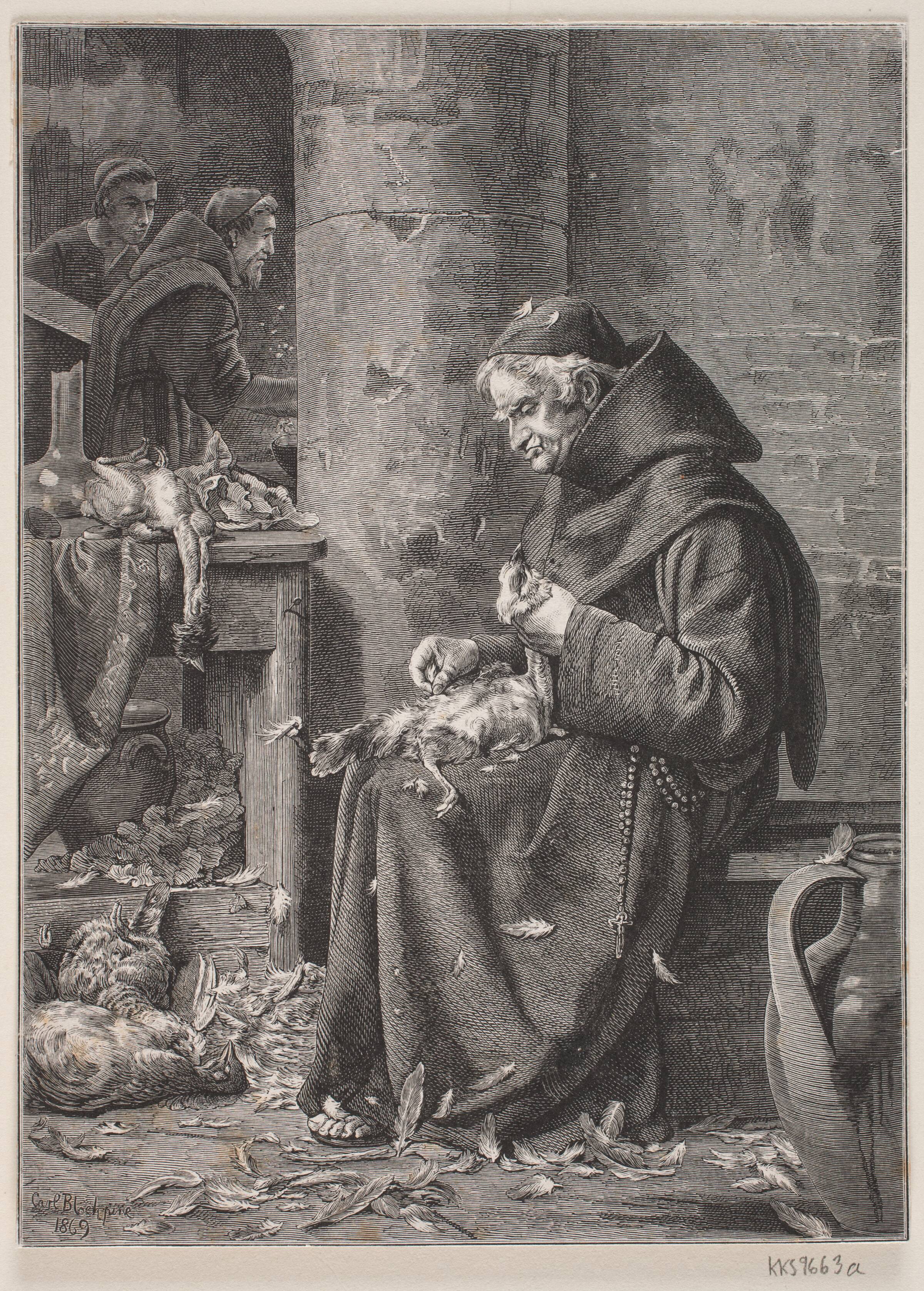 En munk der plukker en høne, Franz Wilhelm Obermann, 1830-1896