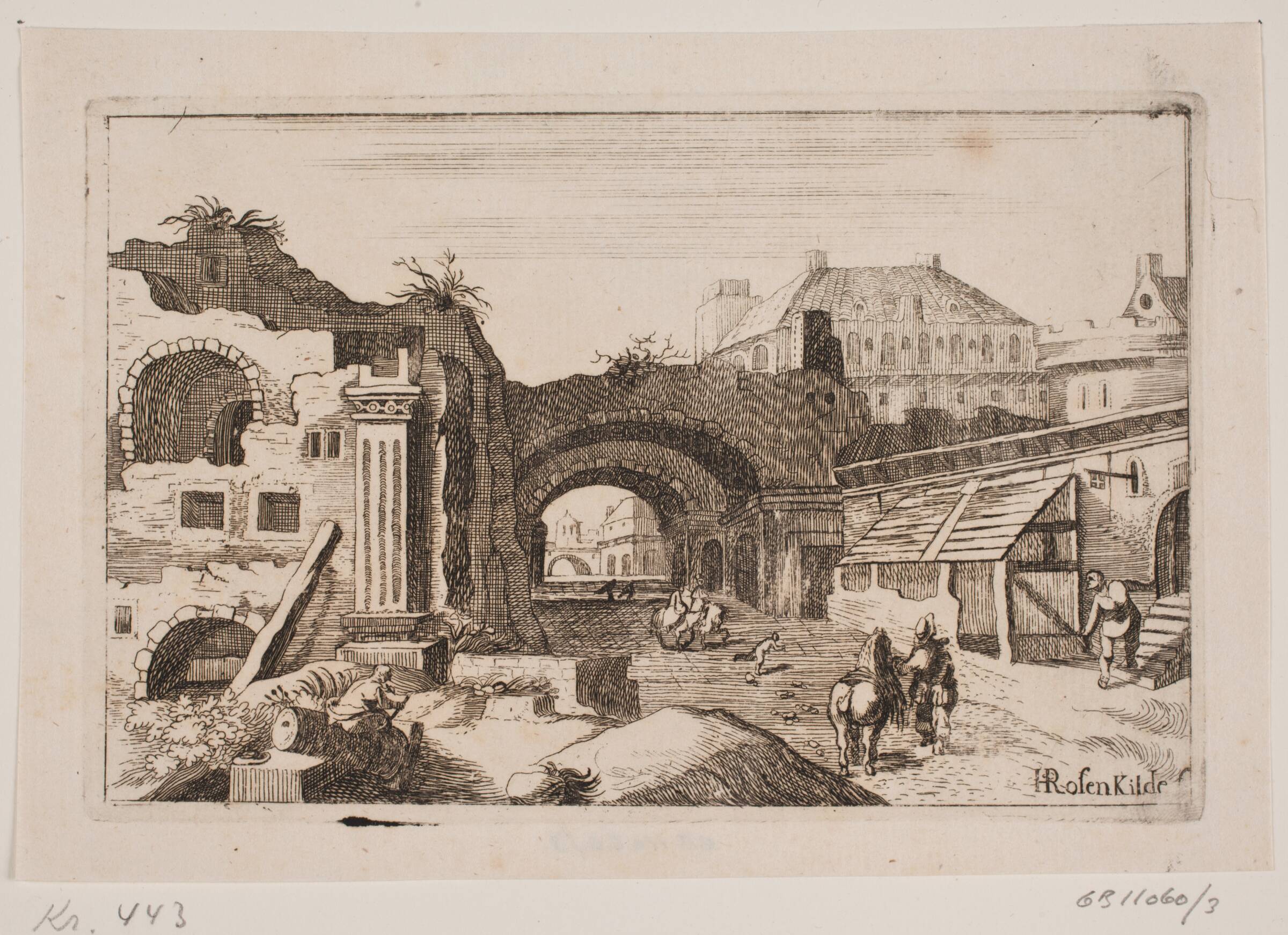 Byinteriør med ruiner af klassiske bygninger, H. Rosenkilde, 1746