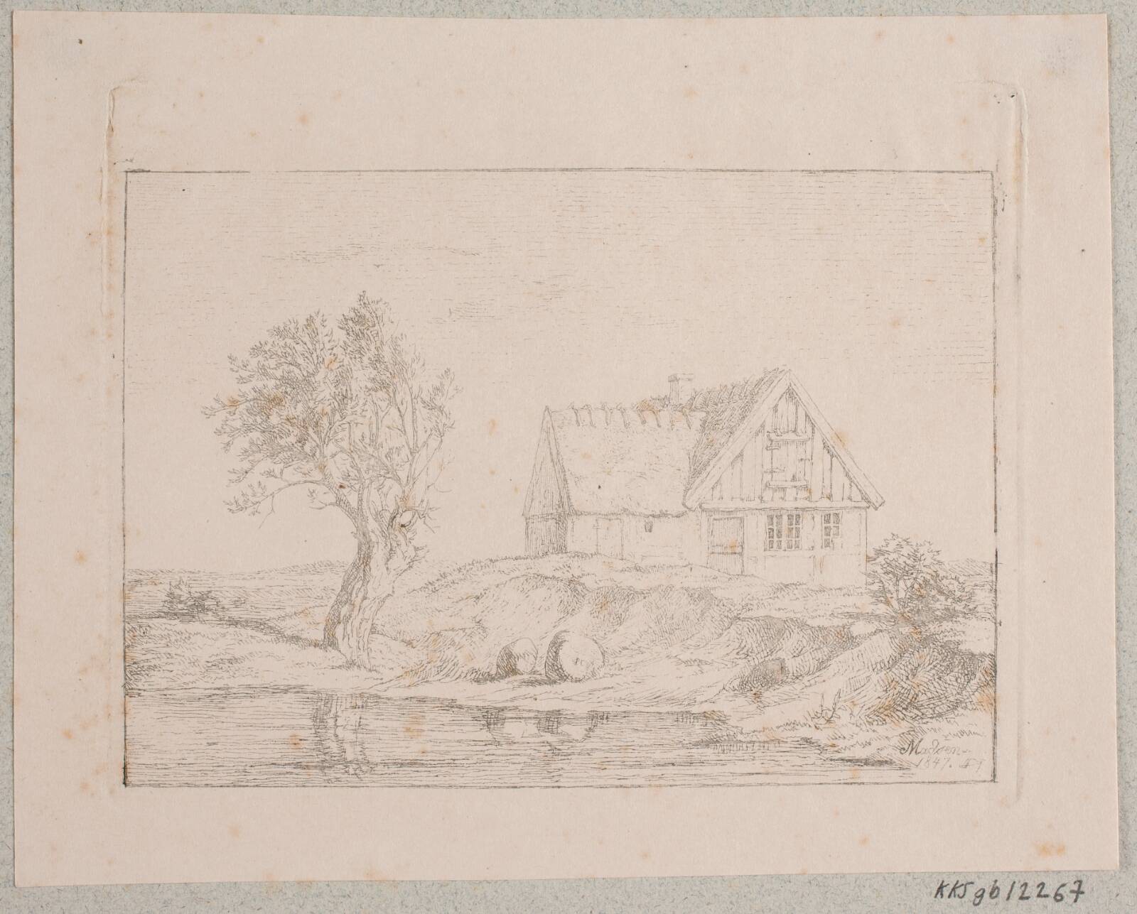 Bondehus ved et vand, Madsen, A.P., 1847