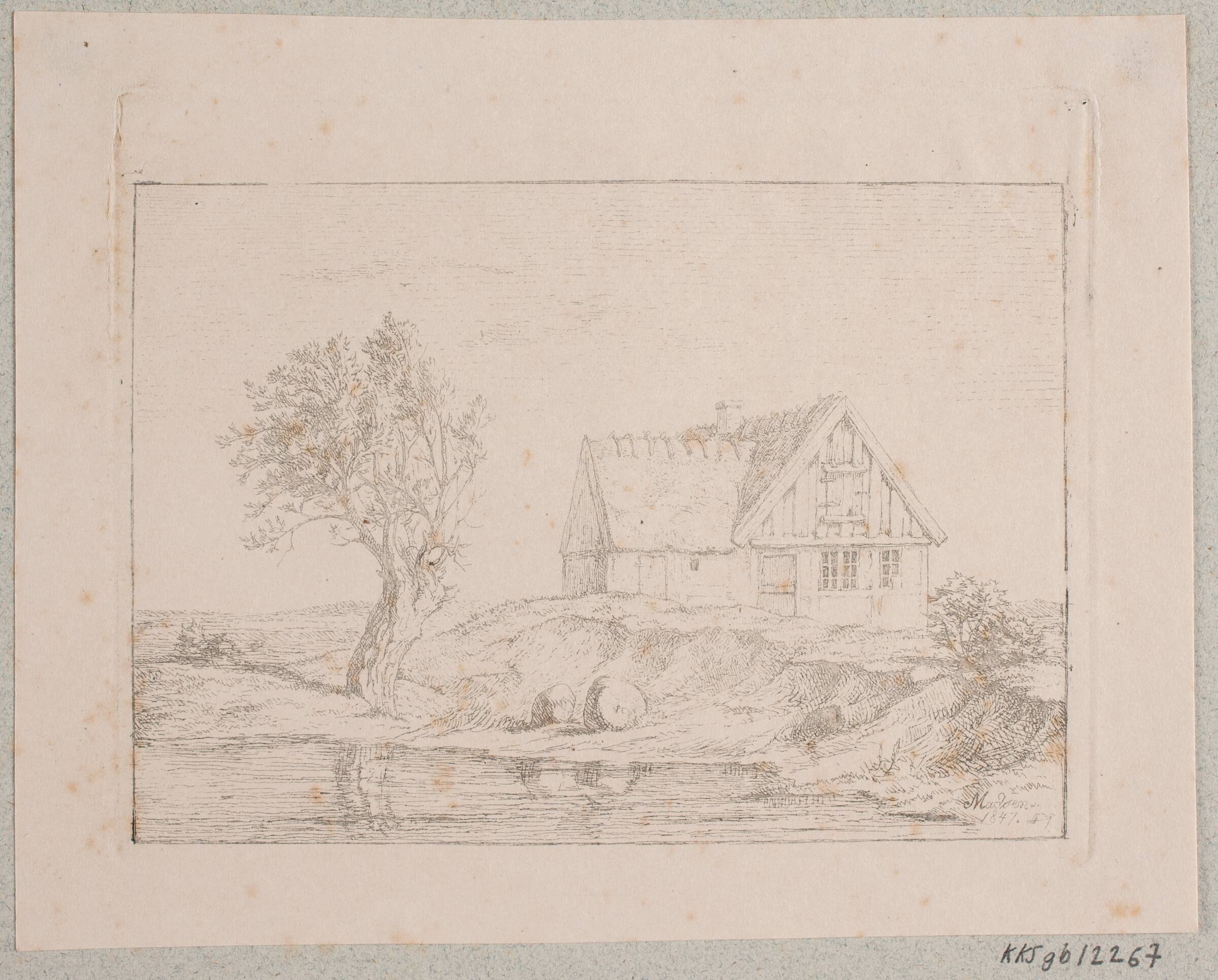 Bondehus ved et vand, Madsen, A.P., 1847