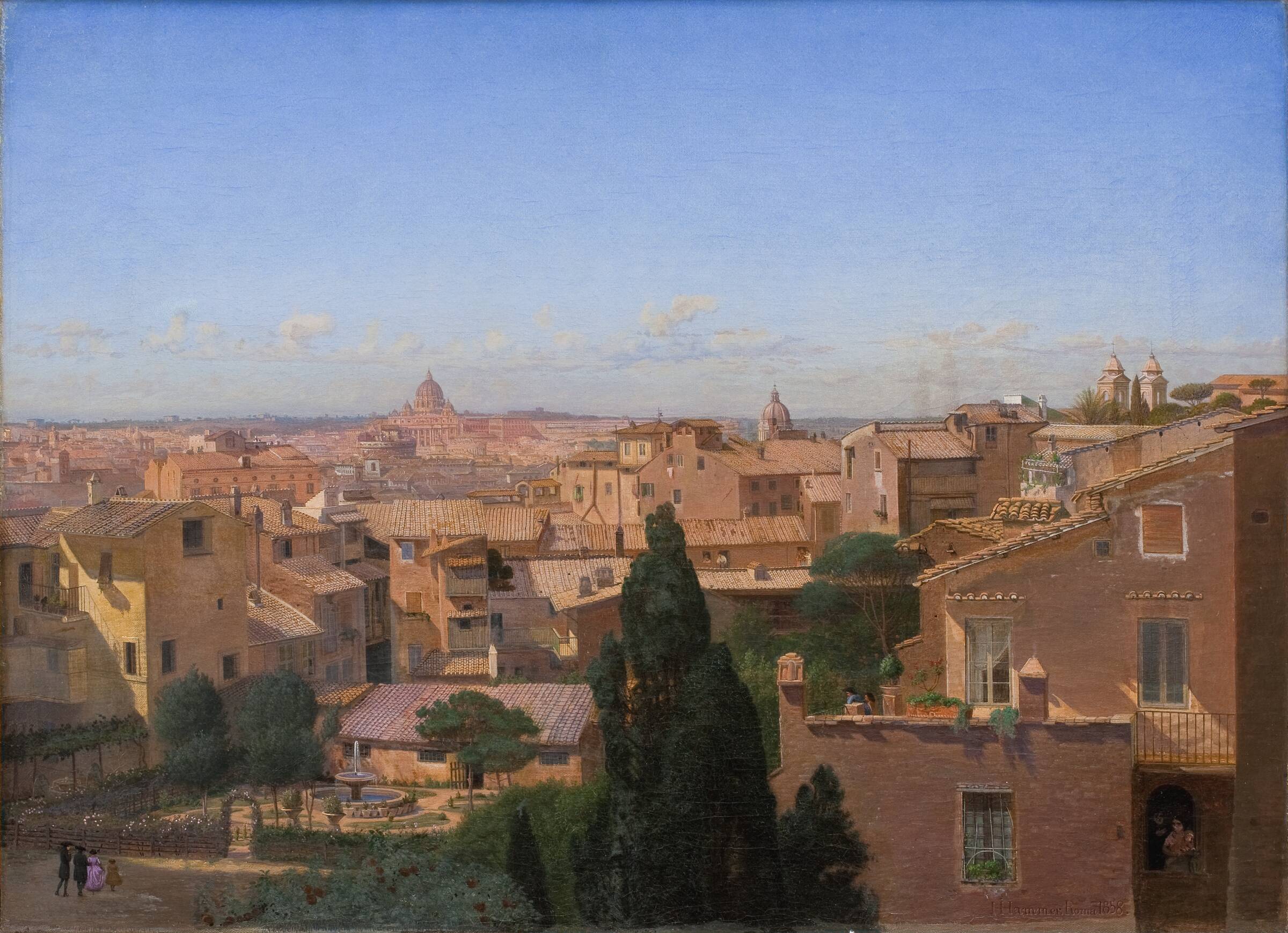 Et prospekt af Rom set fra kunstnerens bolig, H.J. Hammer, 1858