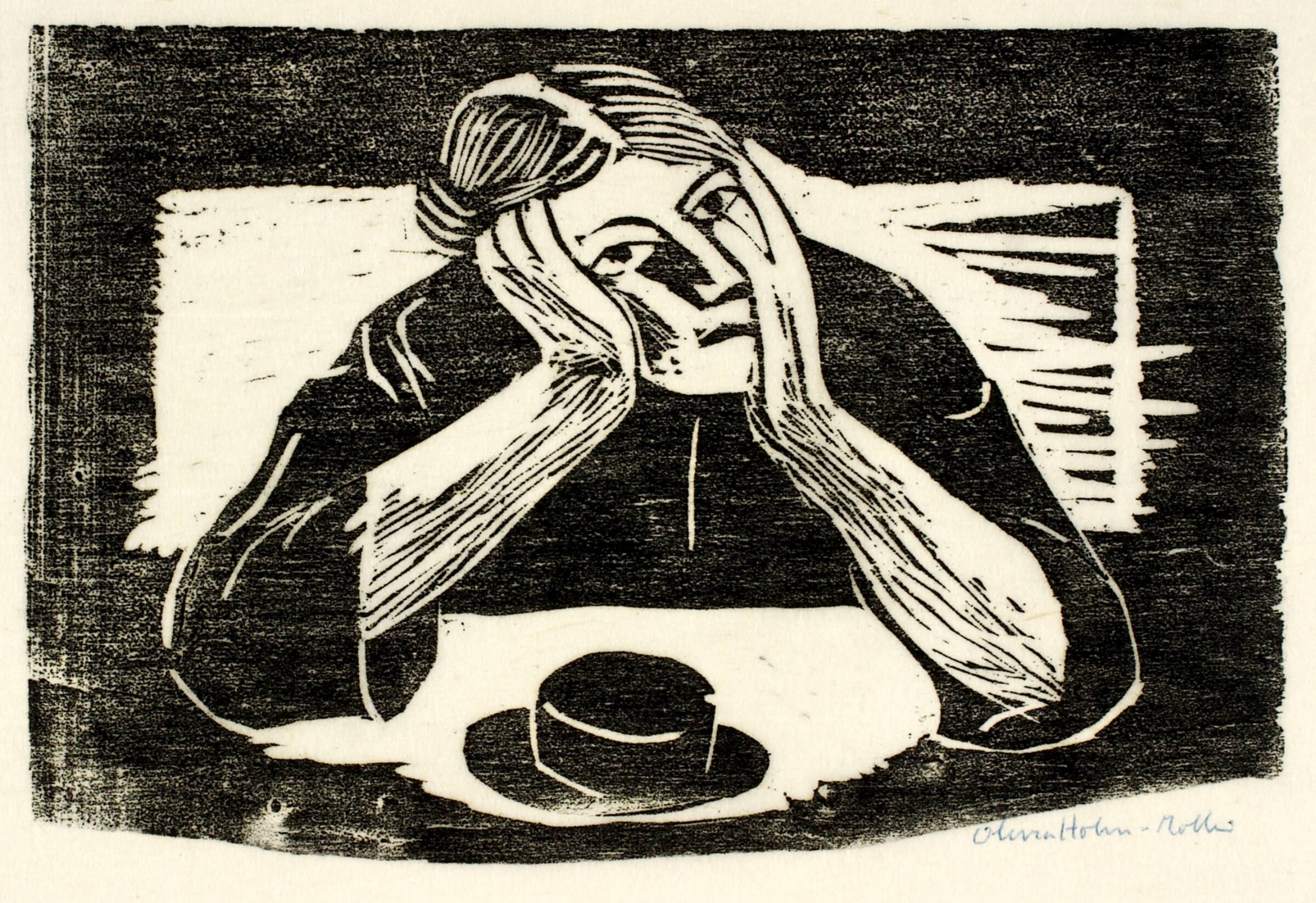 Kvinde ved et bord med hoved støttet i hænderne, Olivia Holm-Møller, 1875-1970