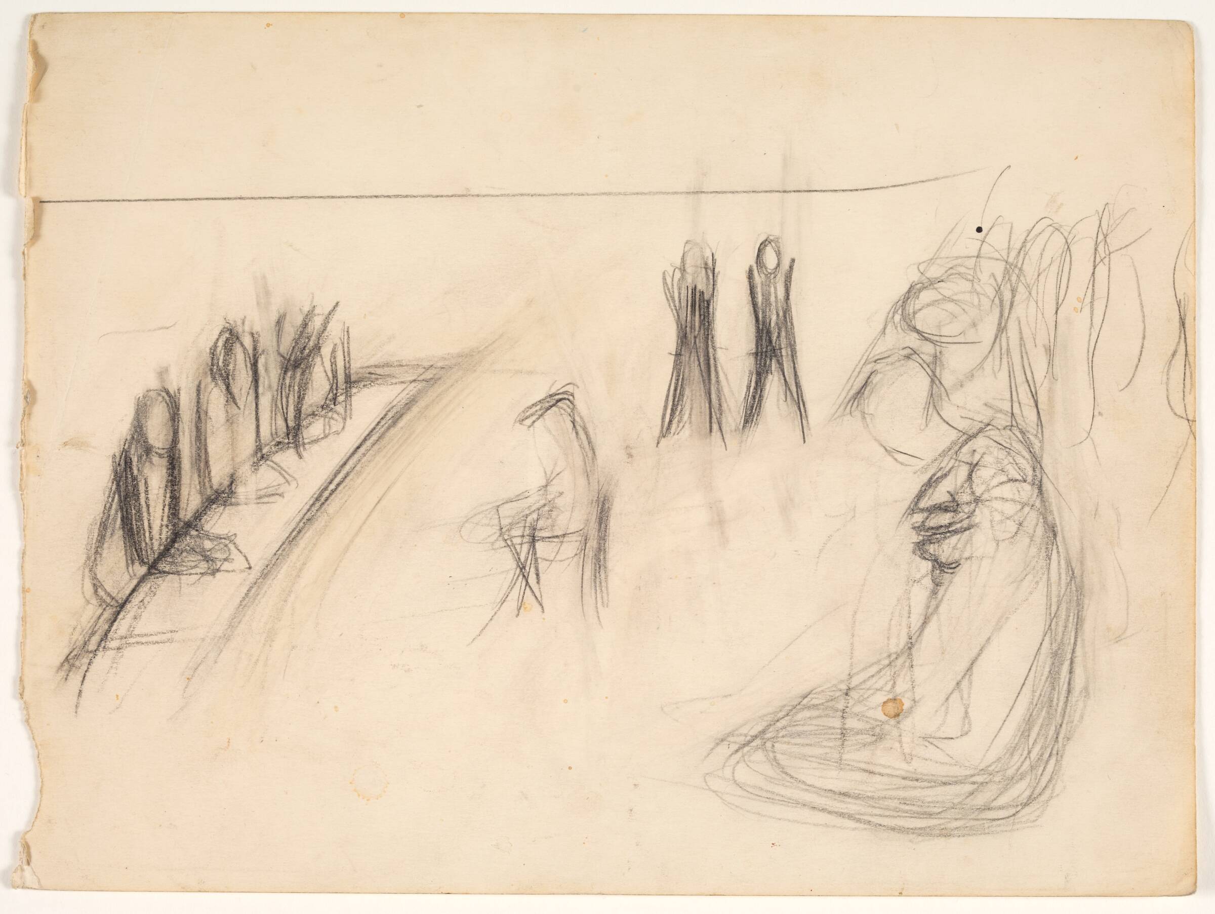Figurer i et rum, bl.a. 3 siddende personer ved et langt bord, Søren Hjorth Nielsen, 1901-1983