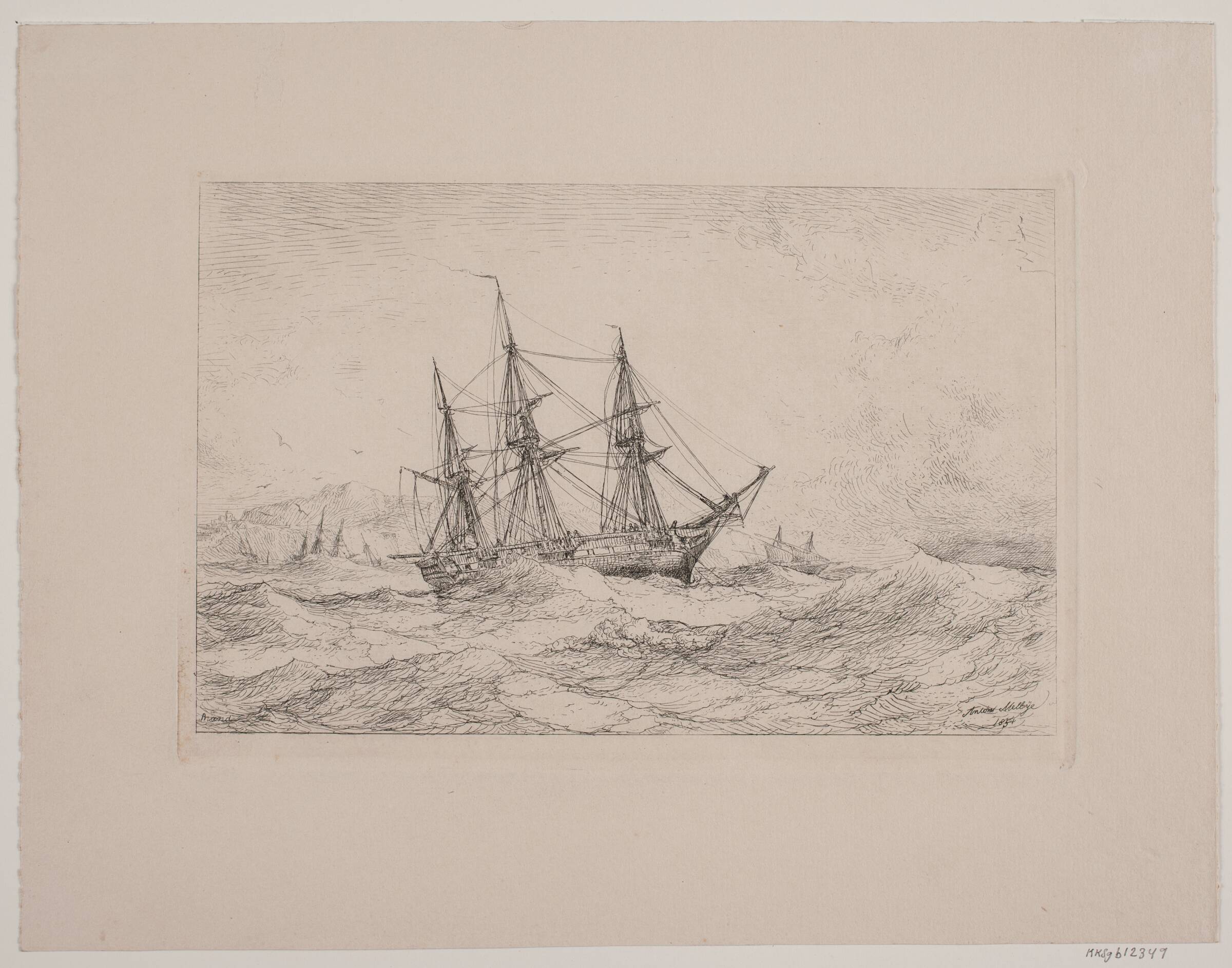 Et fregatskib under den norske kyst, Anton Melbye, 1851