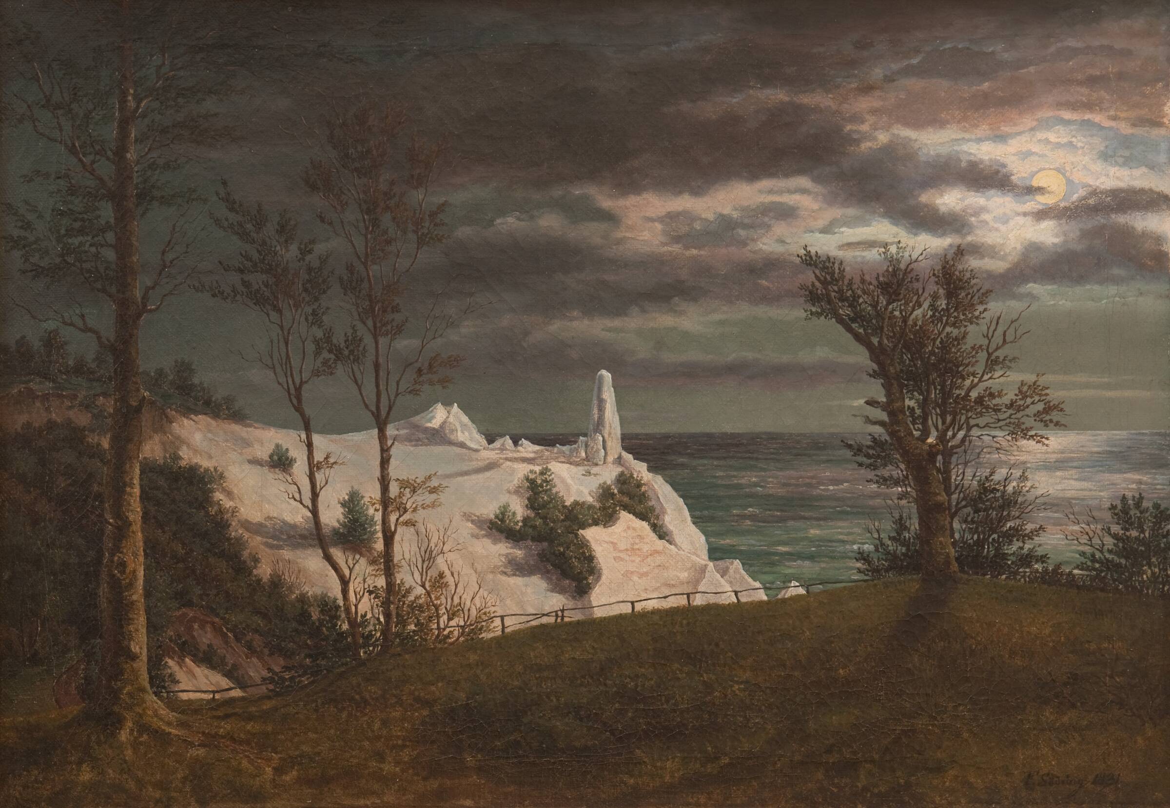 Sommerspiret på Møns Klint. Måneskin, F. Sødring, 1831