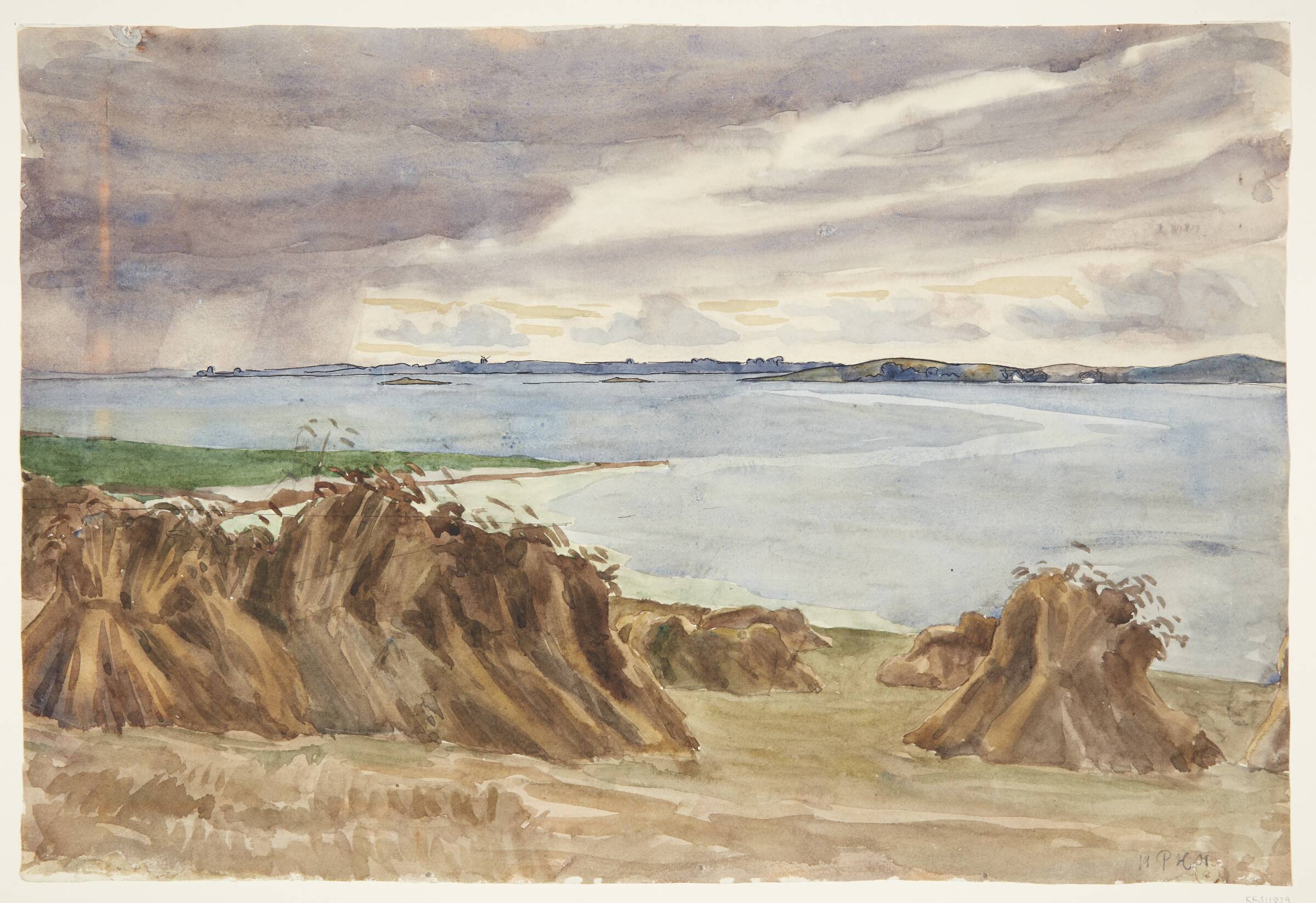 Rug i traver. Katterød rev. I baggrunden Bjørnø, Peter Hansen, 1901
