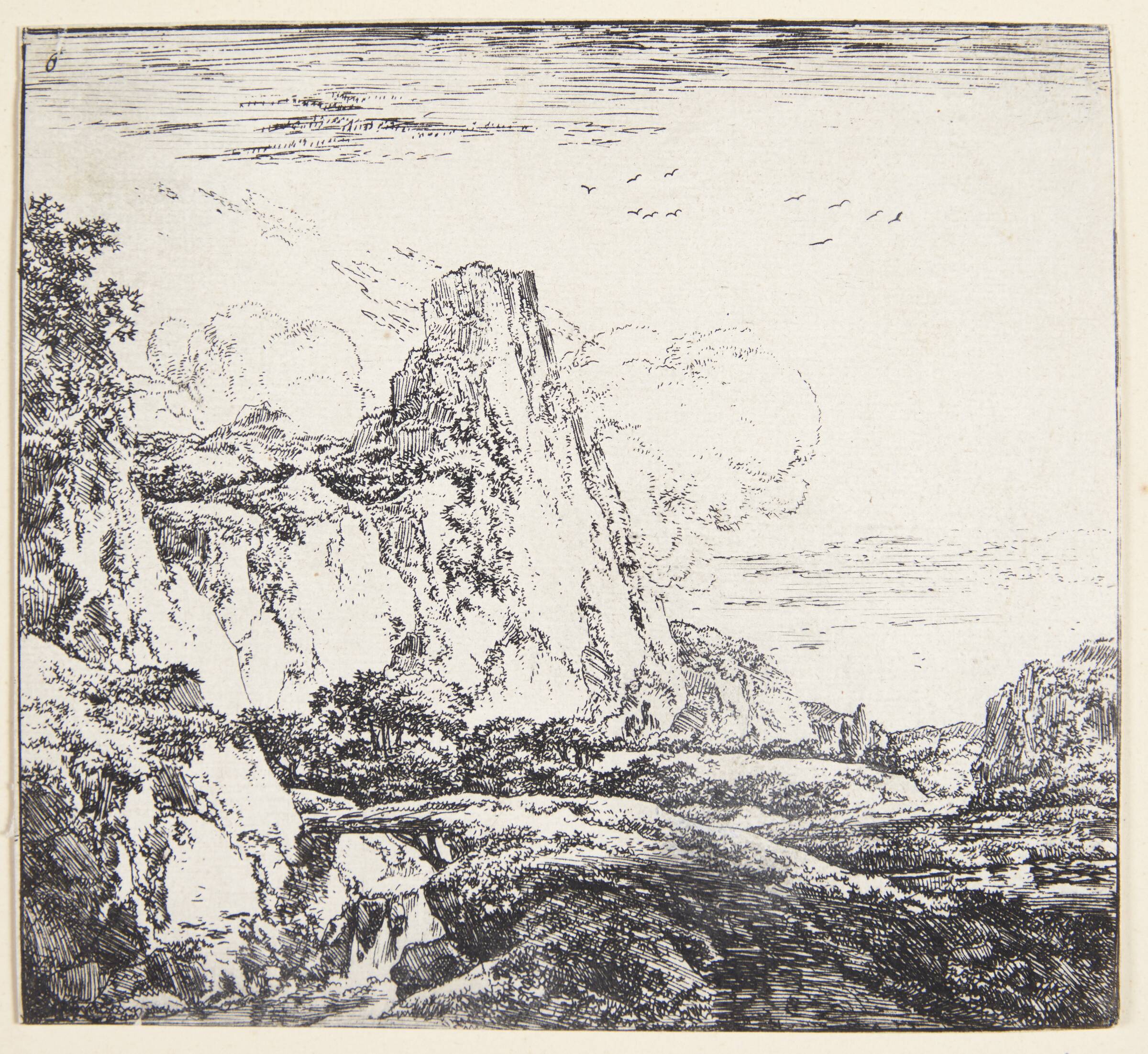 Klippelandskab med en lille bro, Herman Naiwincx, 1623-1670