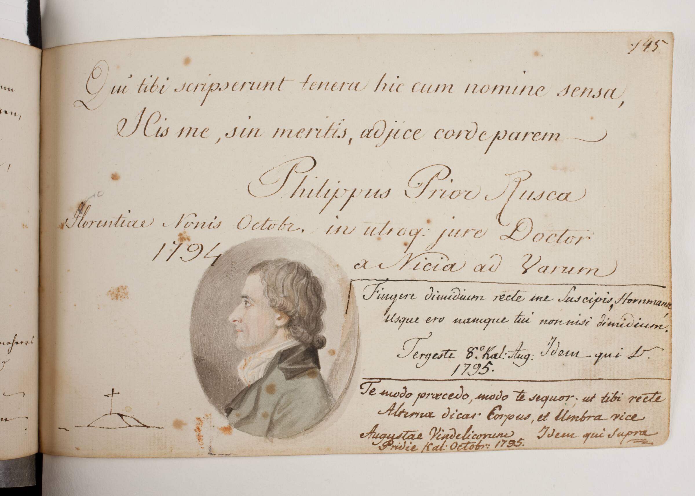 Tre hilsner fra Philippus P. Rusca og Hornemans profilportræt af samme(?), Christian Horneman, 1794-1795
