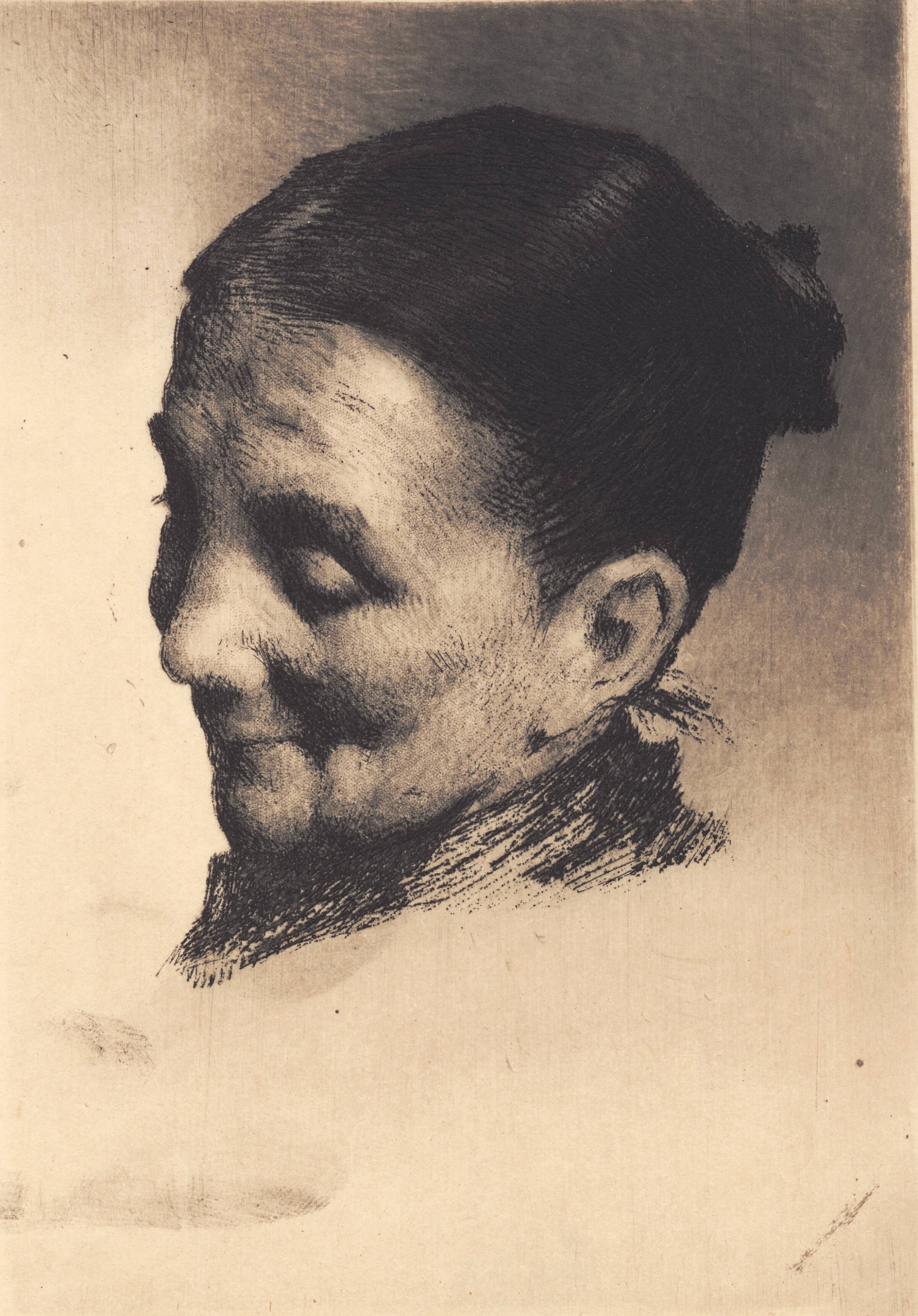 Hoved af en ældre kone med nedadrettet blik, vendt mod venstre, Frans Schwartz, 1865-1917
