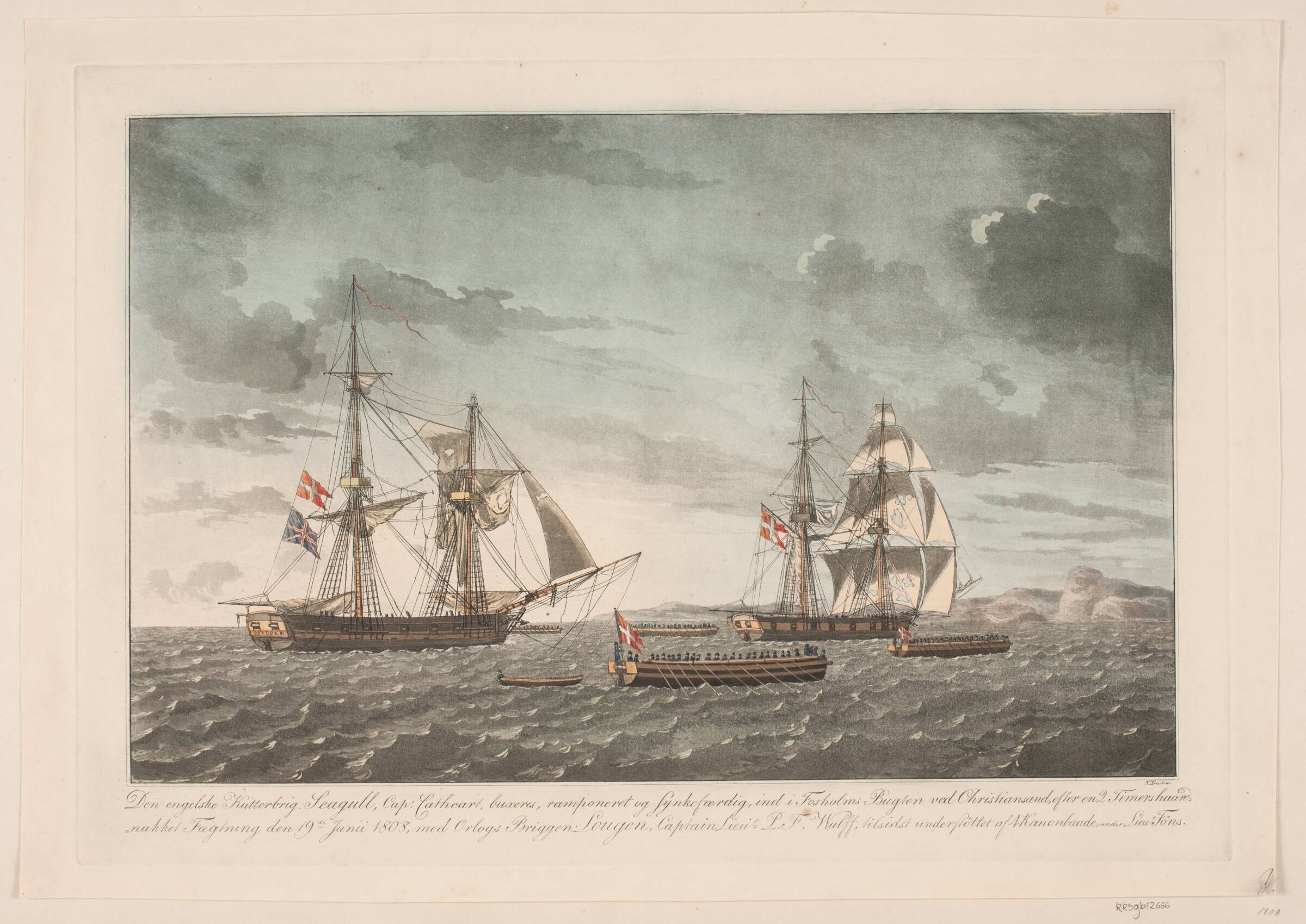 Den engelske kutterbrig Seagull efter kampen med briggen Lougen, 19. juni 1808, Niels Truslew, 1808-1907