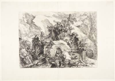 Skeletterne. Dekorativ capriccio med skeletter i forgrunden, Farnese Herkules-statuen til venstre, fyldte urner til højre og en vase i midten