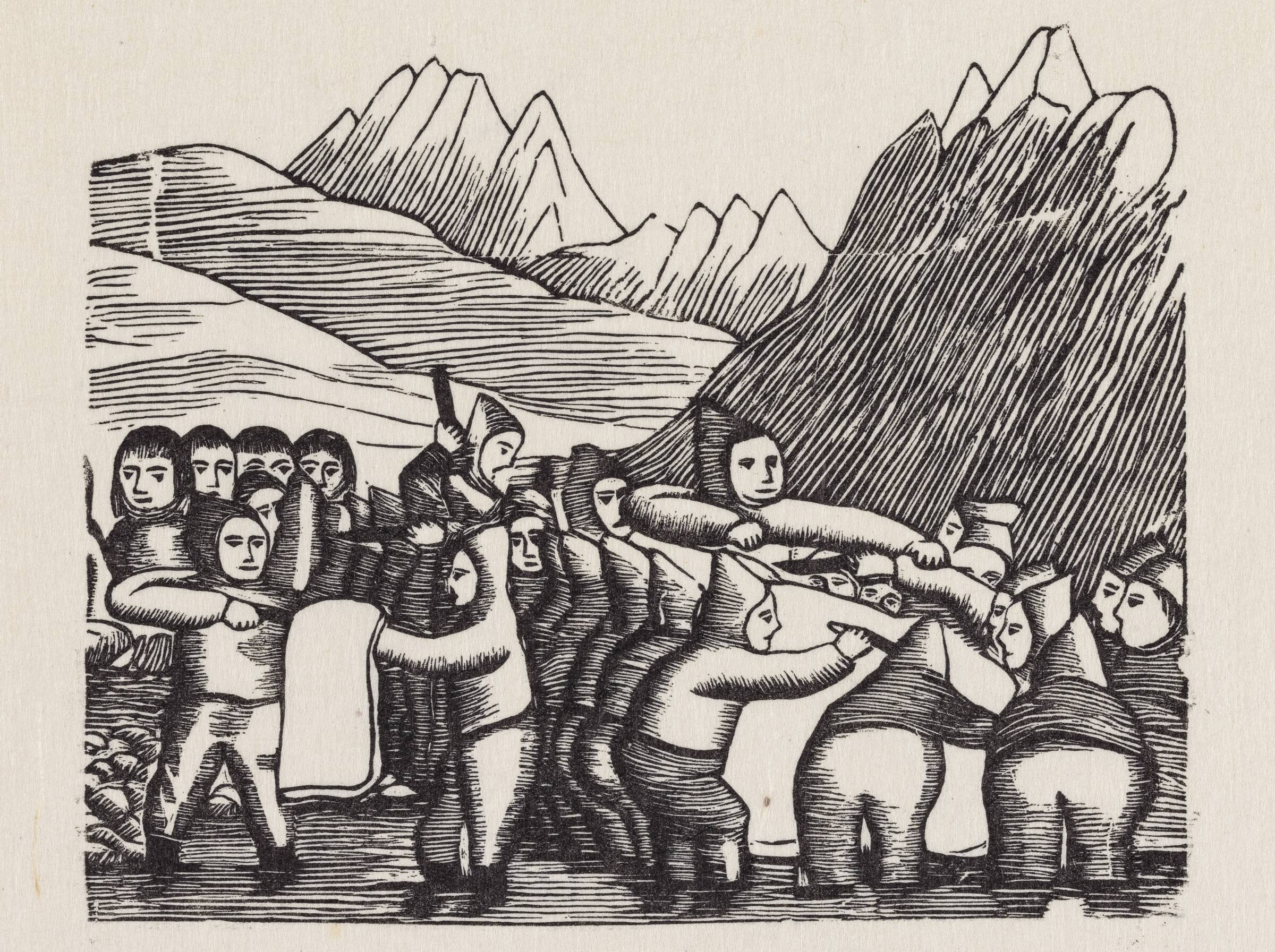 Fortællingen om Akigssiak: Akigssiak og hans brødre morer sig over at se bjergtroldene (inuarullikkat) flænse i hvalen, efter at de selv har sikret sig deres part, Markus Lynge, 1859-1860
