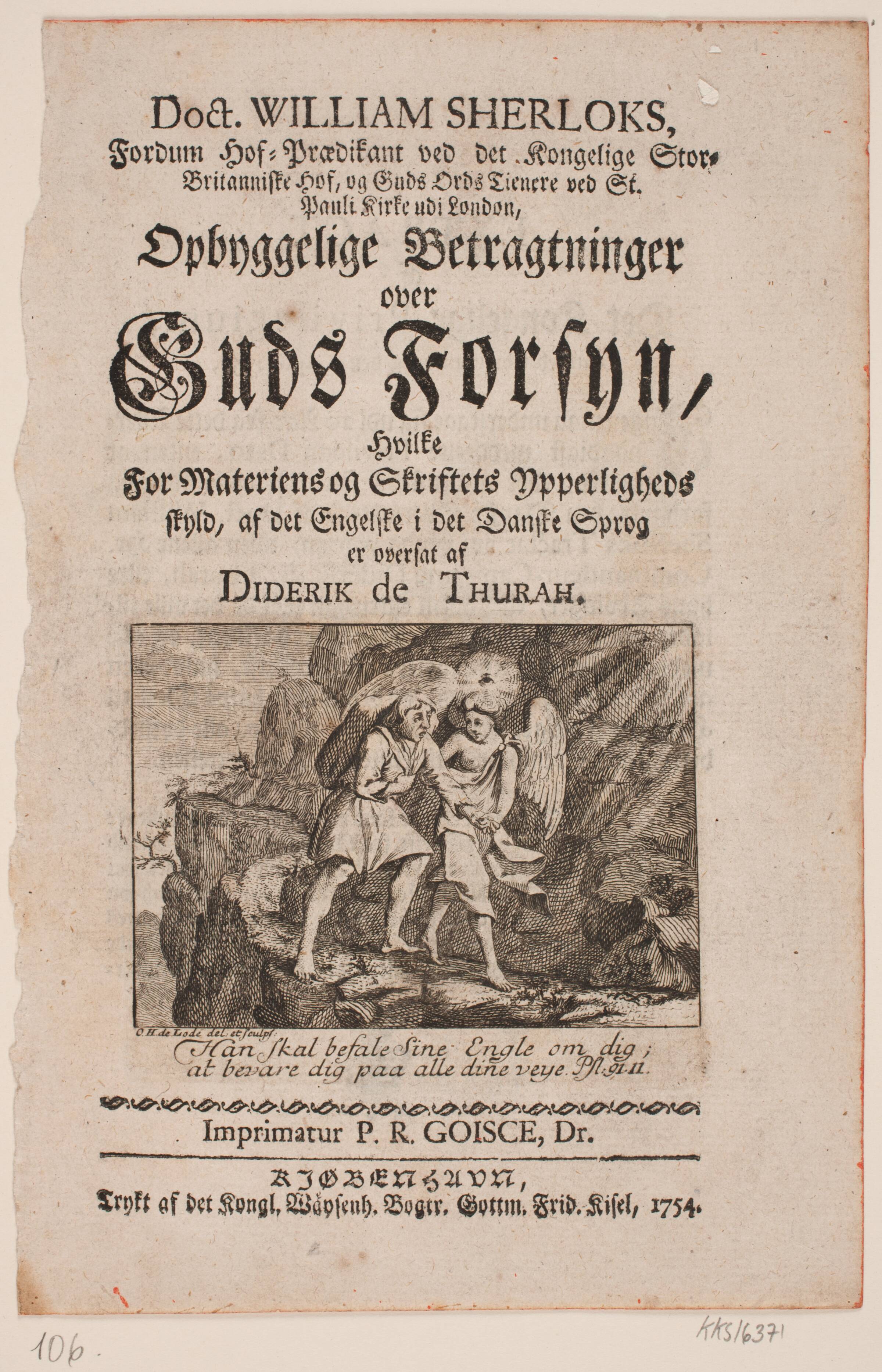 Side med Titelvignet til W. Sherlock: Opbyggelige Betragtninger over Guds Forsyn, Odvardt Helmoldt de Lode, 1754